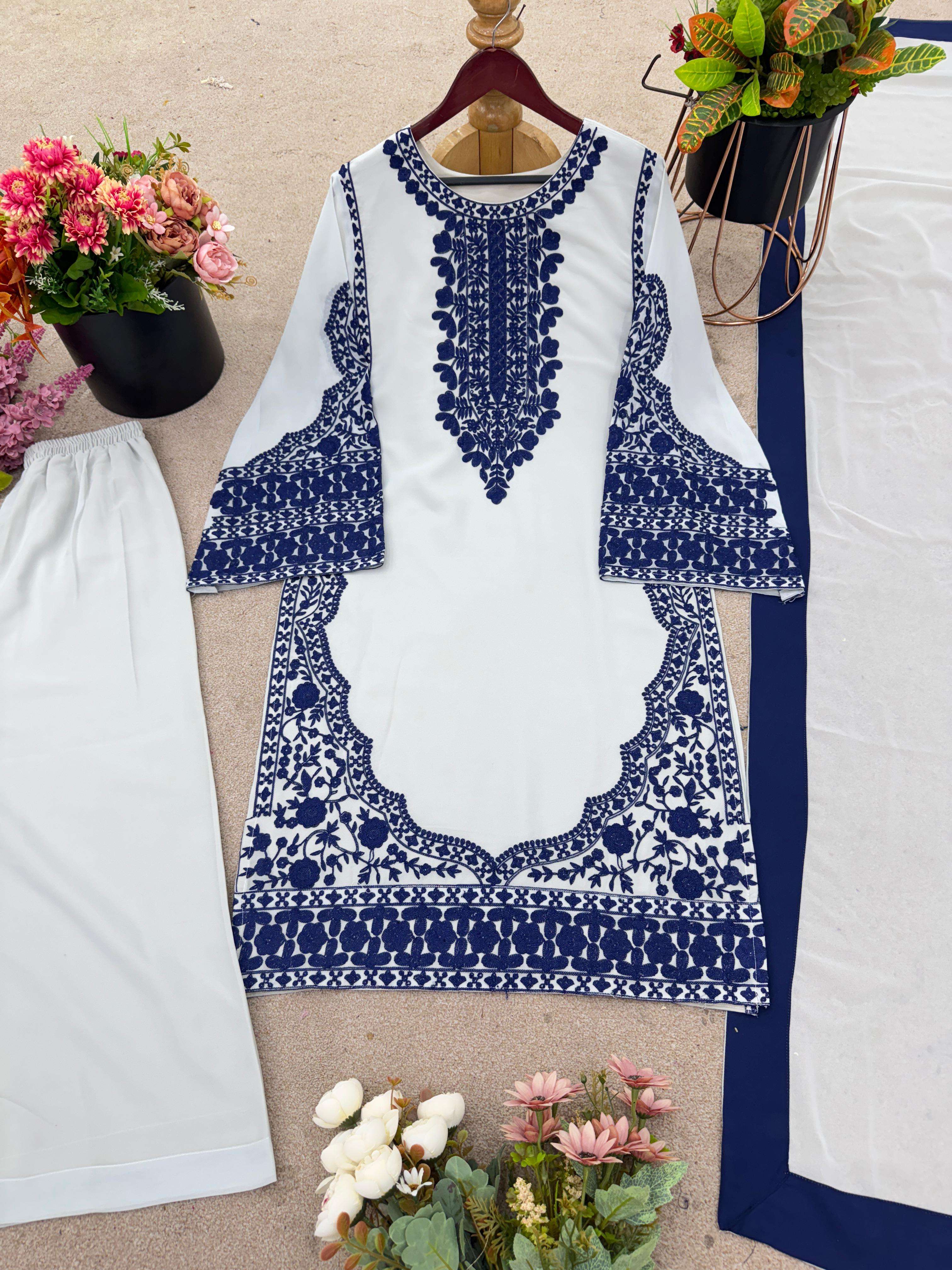 JF 020 GEORGETTE EMBROIDERED DESIGNER KURTI PLAZZO WITH DUPATTA SET 