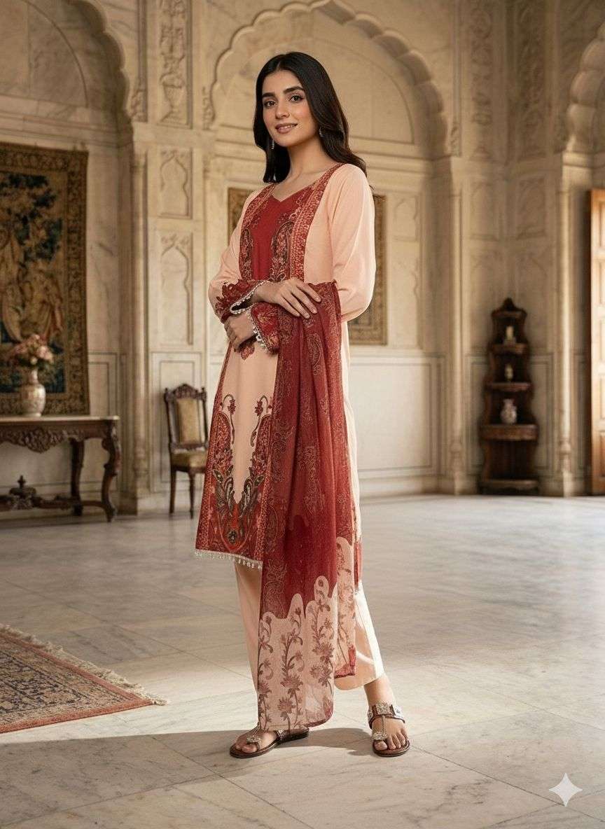 JF 034 CREPE SILK DIGITAL PRINT DESIGNER FANCY KURTI BOTTOM AND DUPATTA SET 