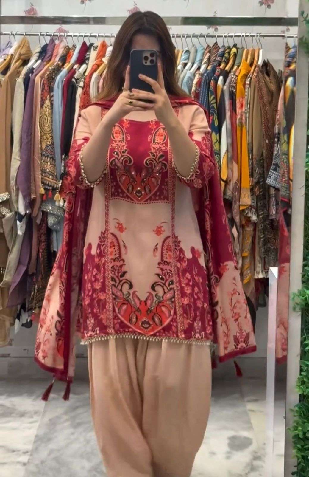 JF 034 CREPE SILK DIGITAL PRINT DESIGNER FANCY KURTI BOTTOM AND DUPATTA SET 