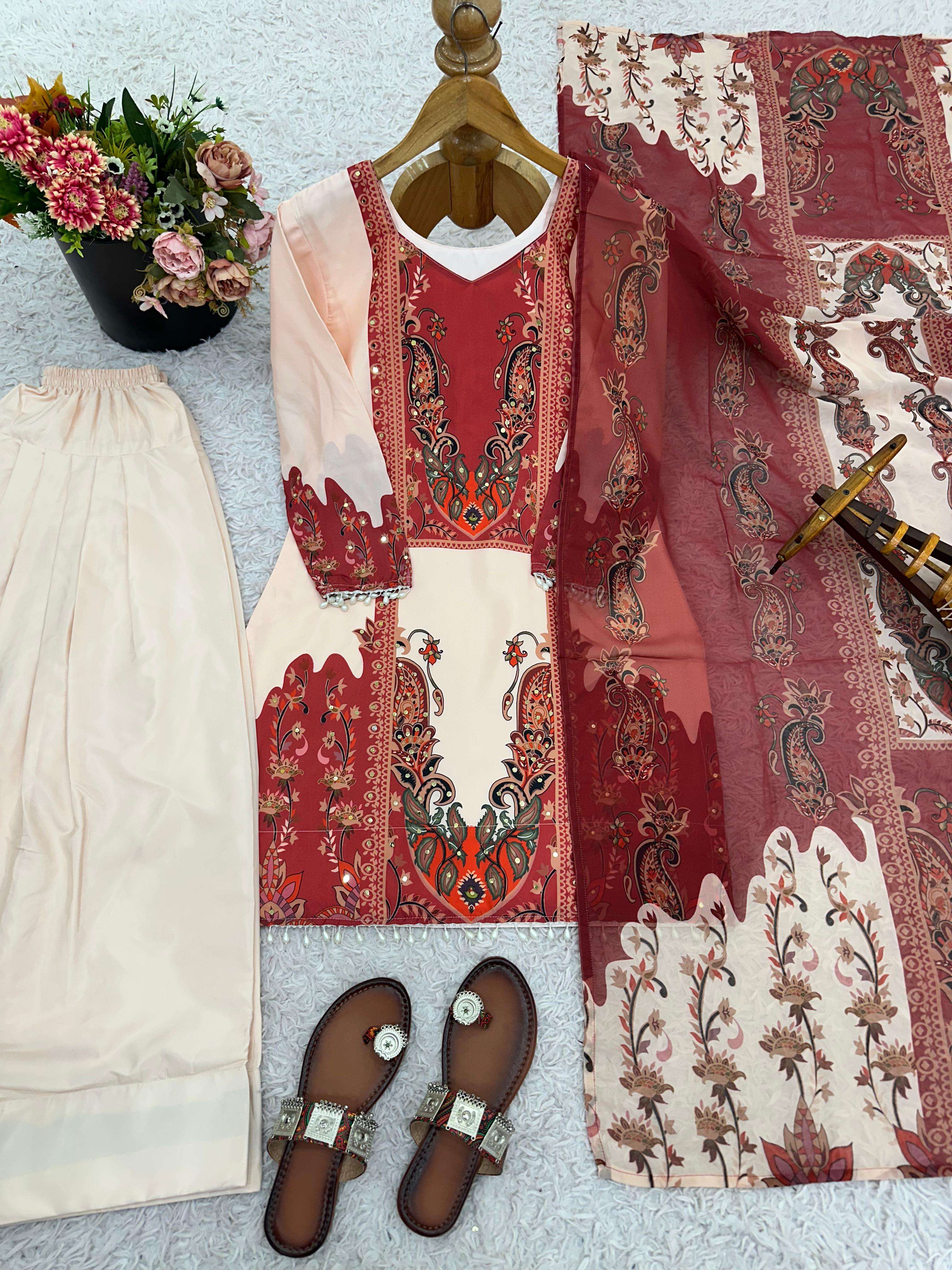 JF 034 CREPE SILK DIGITAL PRINT DESIGNER FANCY KURTI BOTTOM AND DUPATTA SET 