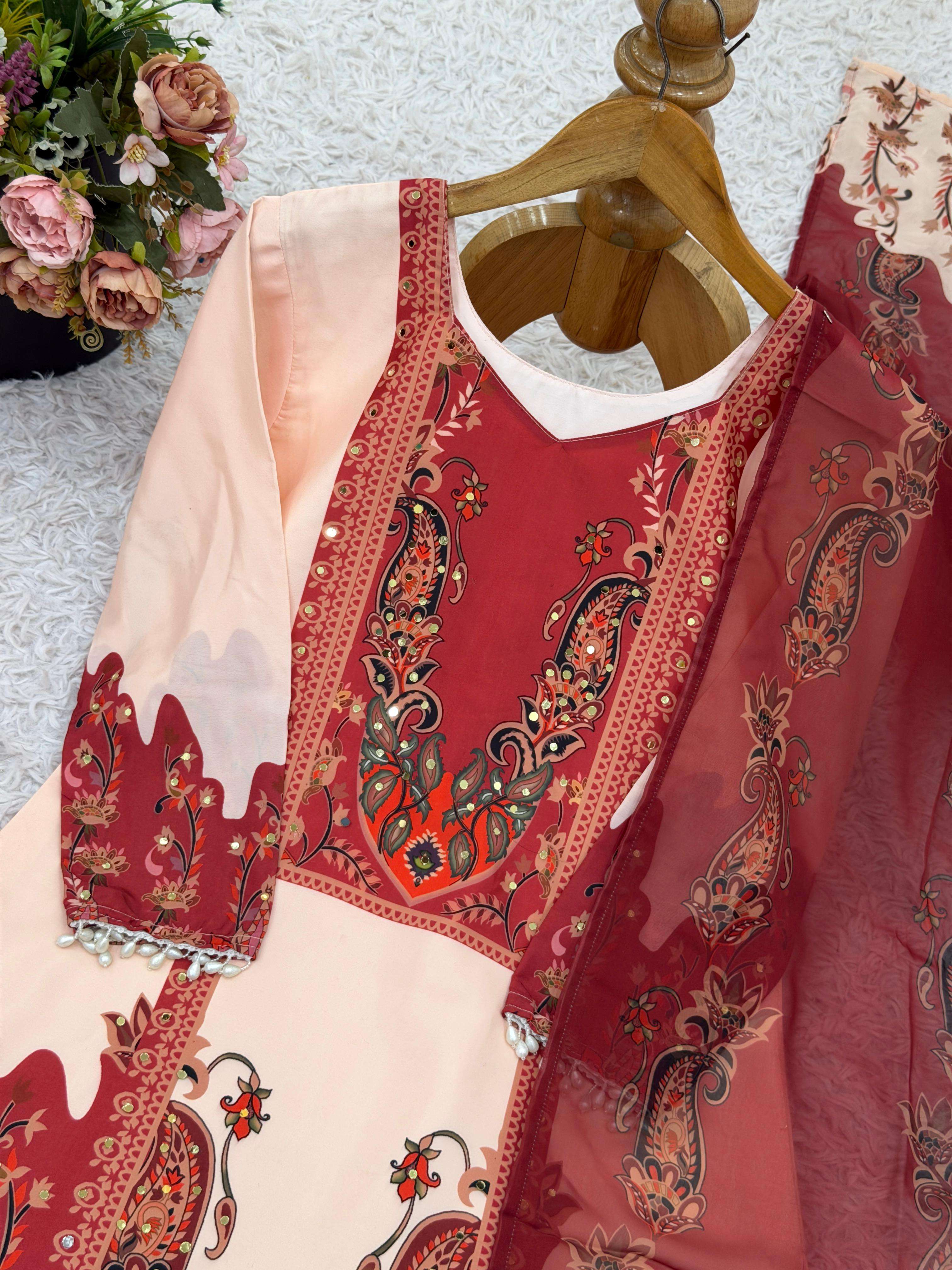 JF 034 CREPE SILK DIGITAL PRINT DESIGNER FANCY KURTI BOTTOM AND DUPATTA SET 