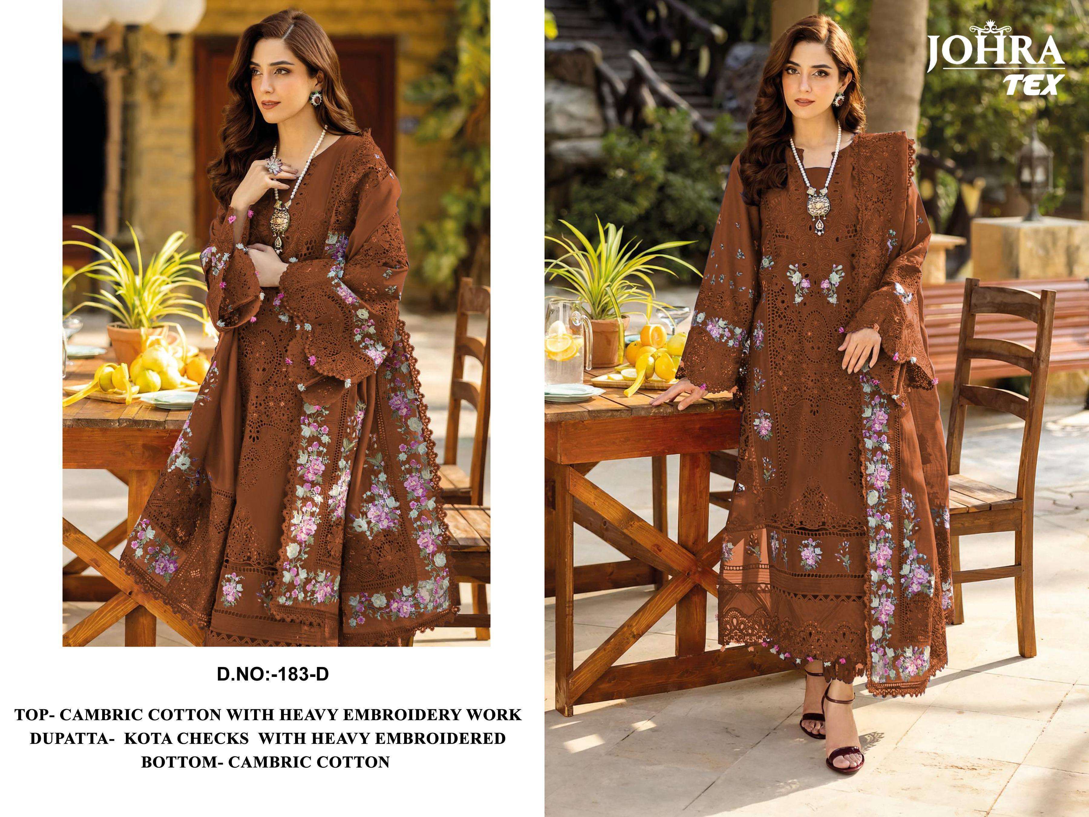 JOHRA TEX DESIGN NO - 183 ABCD CAMBRIC COTTON HEAVY EMBROIDERED WORK PAKISTANI SUIT