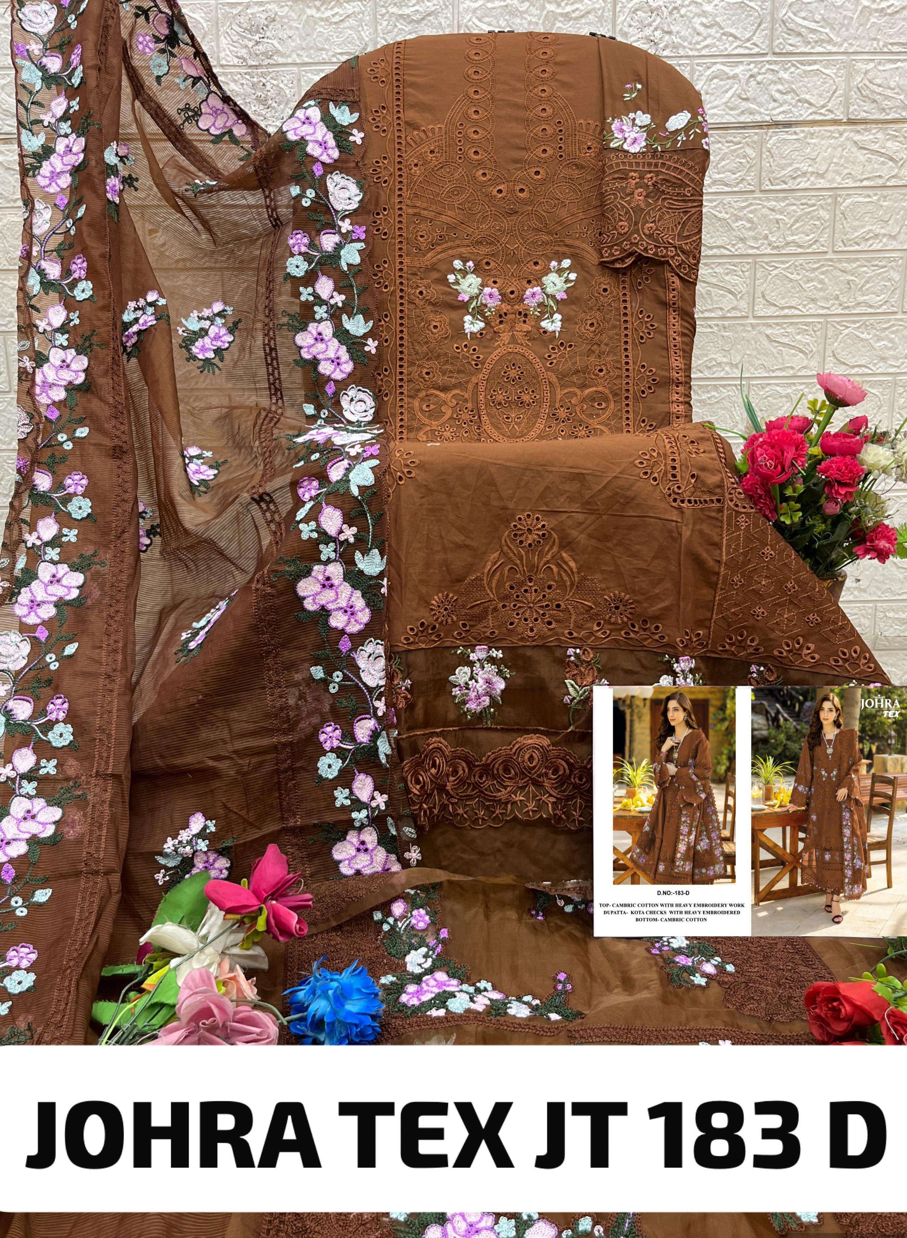 JOHRA TEX DESIGN NO - 183 ABCD CAMBRIC COTTON HEAVY EMBROIDERED WORK PAKISTANI SUIT