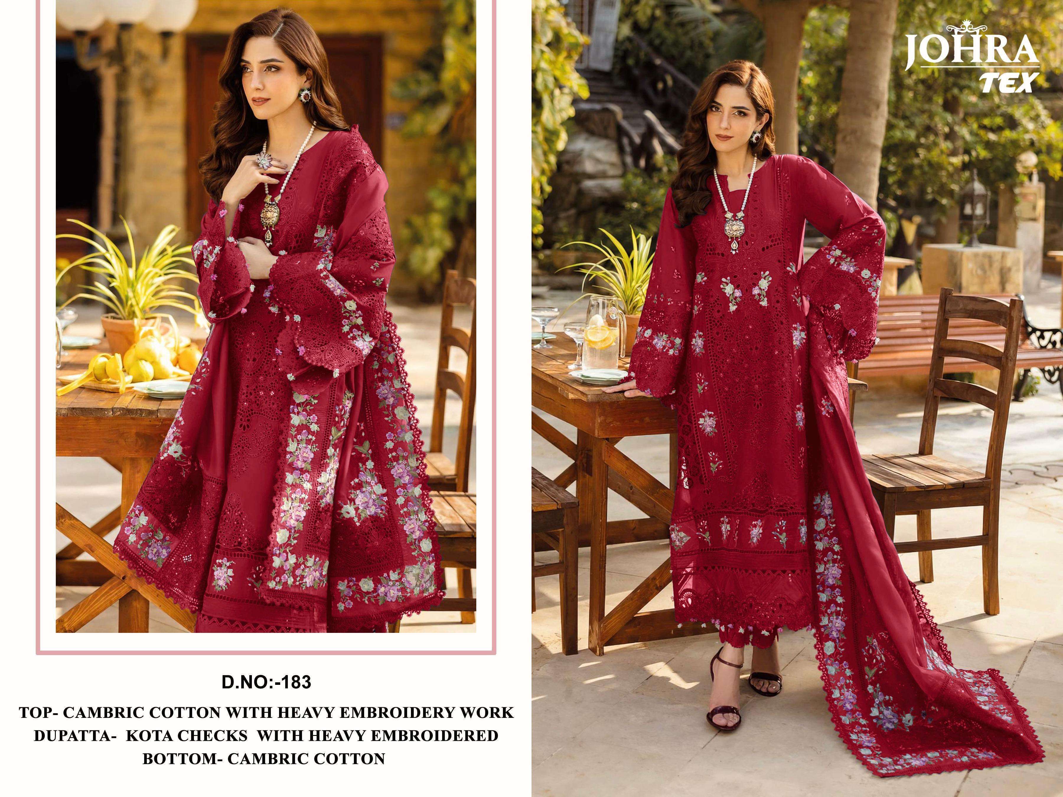 JOHRA TEX DESIGN NO - 183 ABCD CAMBRIC COTTON HEAVY EMBROIDERED WORK PAKISTANI SUIT
