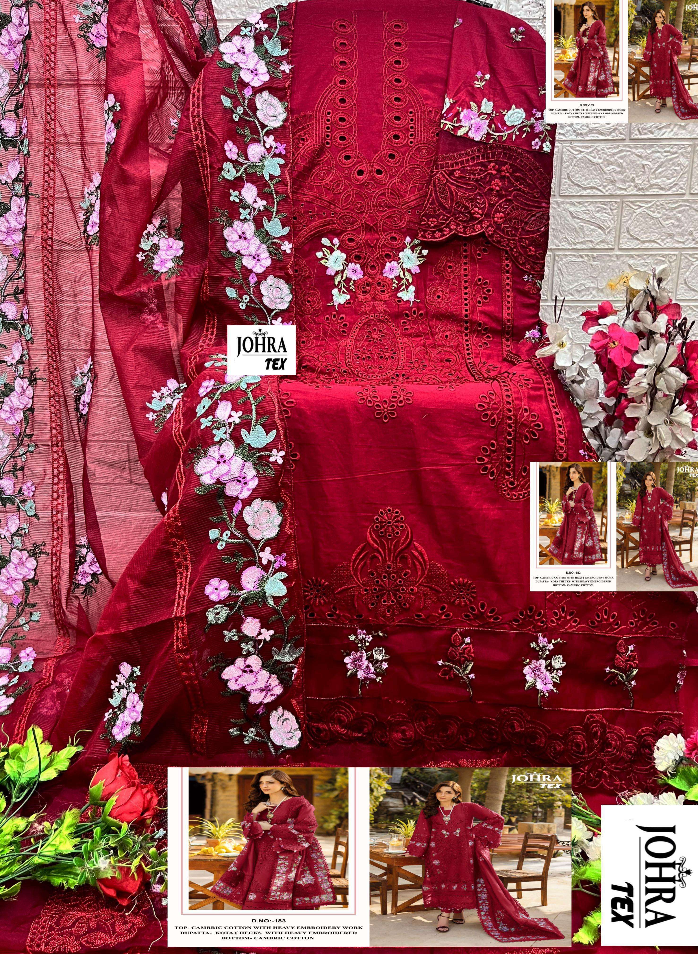 JOHRA TEX DESIGN NO - 183 ABCD CAMBRIC COTTON HEAVY EMBROIDERED WORK PAKISTANI SUIT
