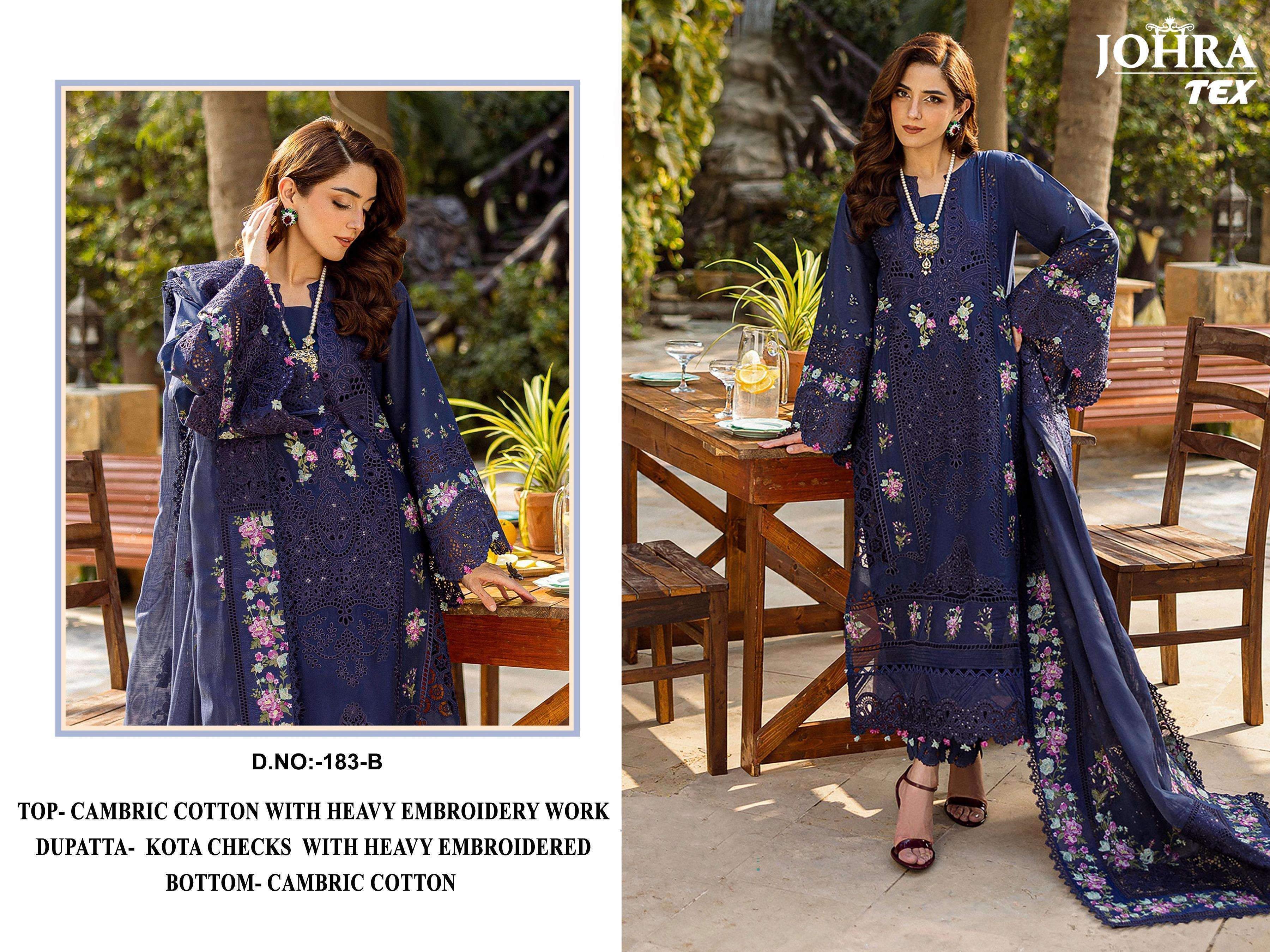 JOHRA TEX DESIGN NO - 183 ABCD CAMBRIC COTTON HEAVY EMBROIDERED WORK PAKISTANI SUIT