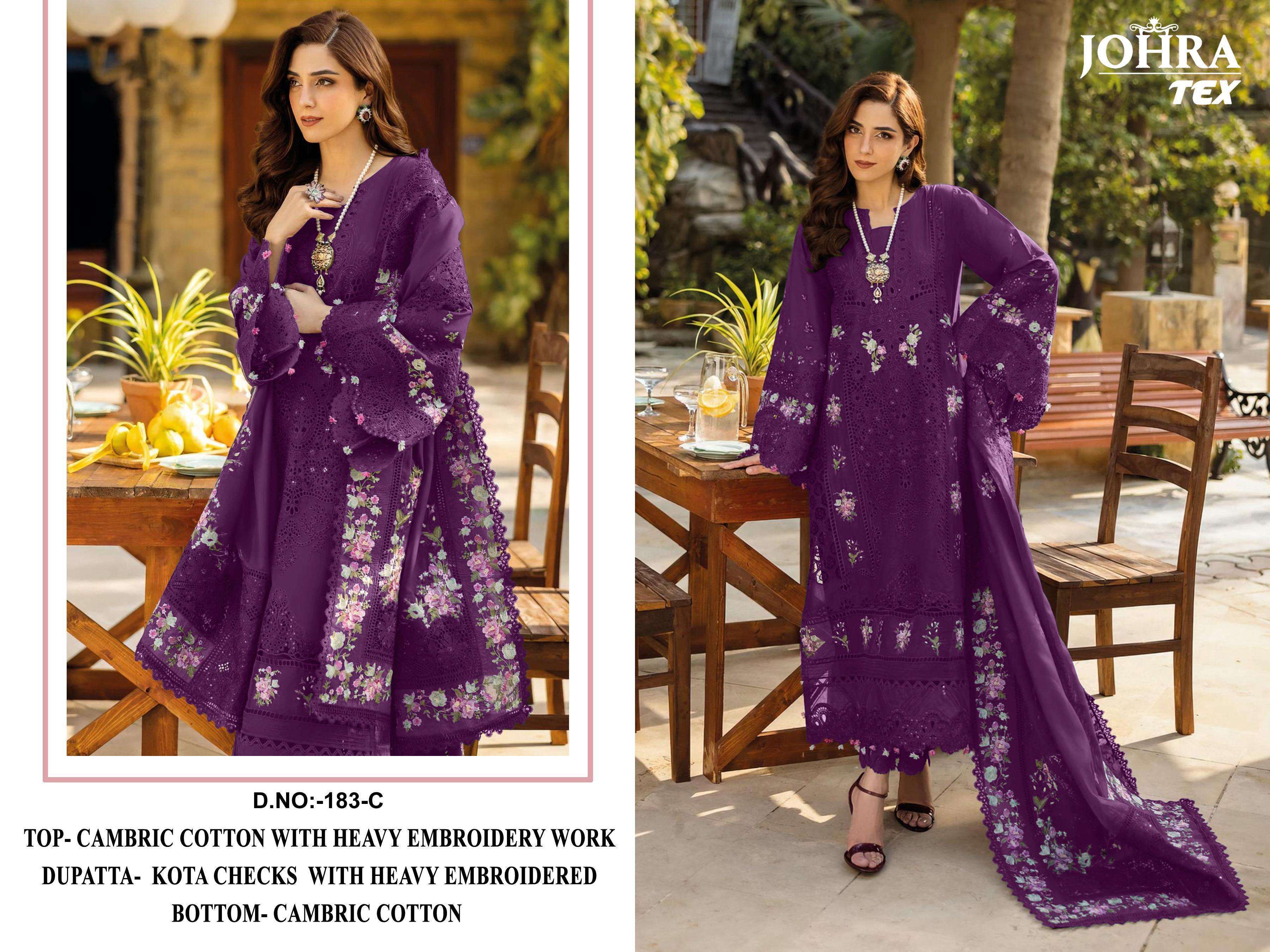 JOHRA TEX DESIGN NO - 183 ABCD CAMBRIC COTTON HEAVY EMBROIDERED WORK PAKISTANI SUIT