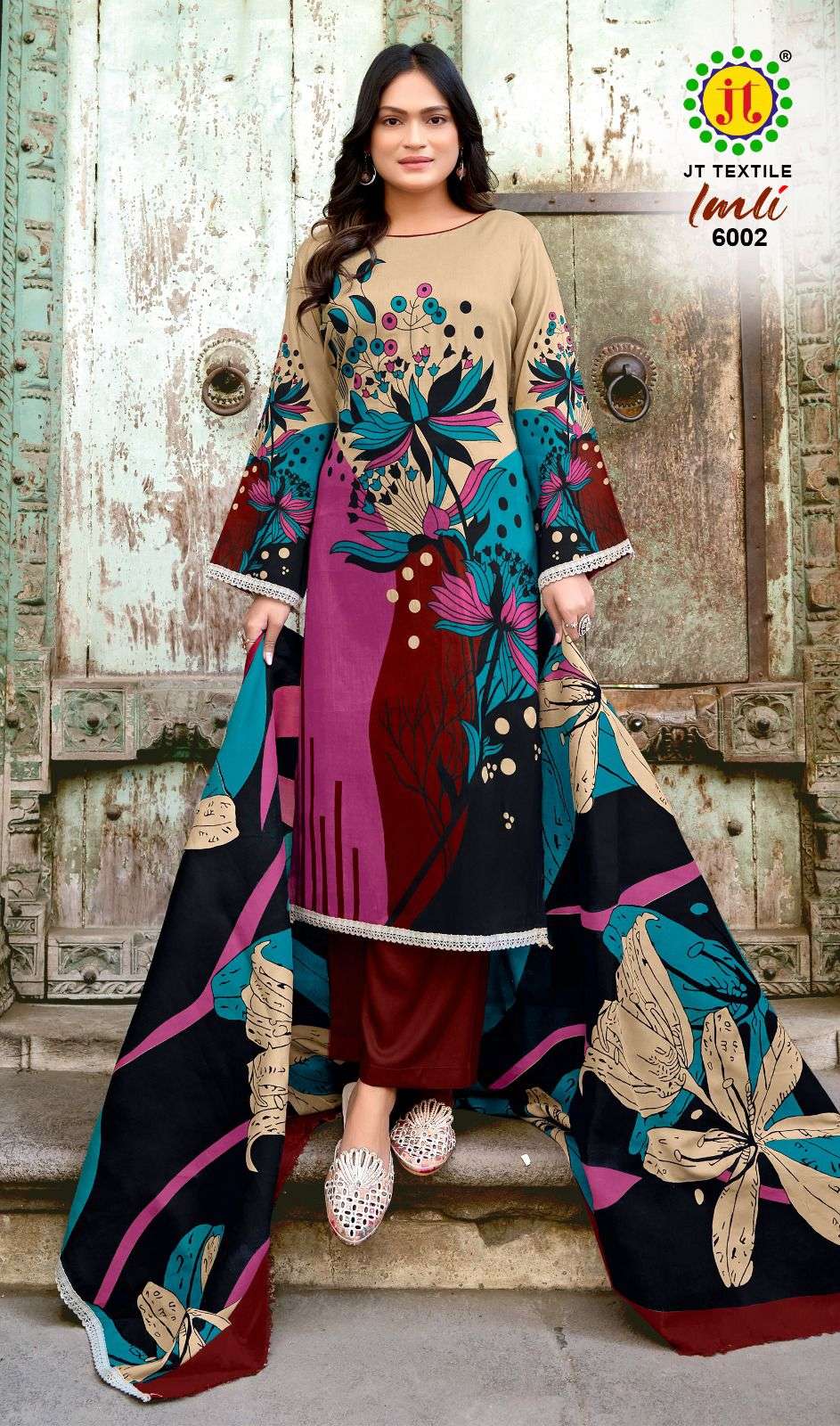 JT IMLI VOL 6 RAYON PRINT WITH FANCY WORKS SUIT