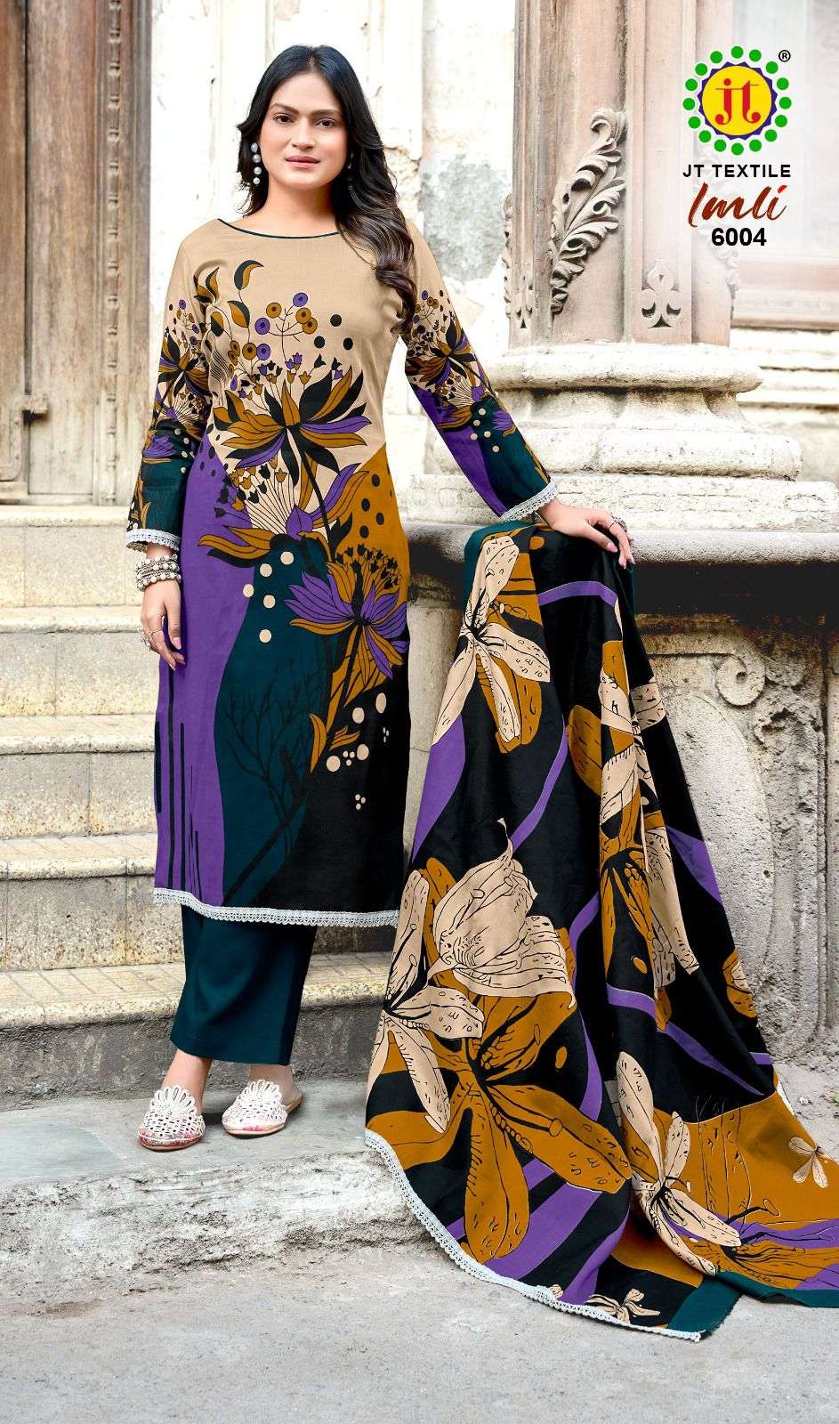 JT IMLI VOL 6 RAYON PRINT WITH FANCY WORKS SUIT