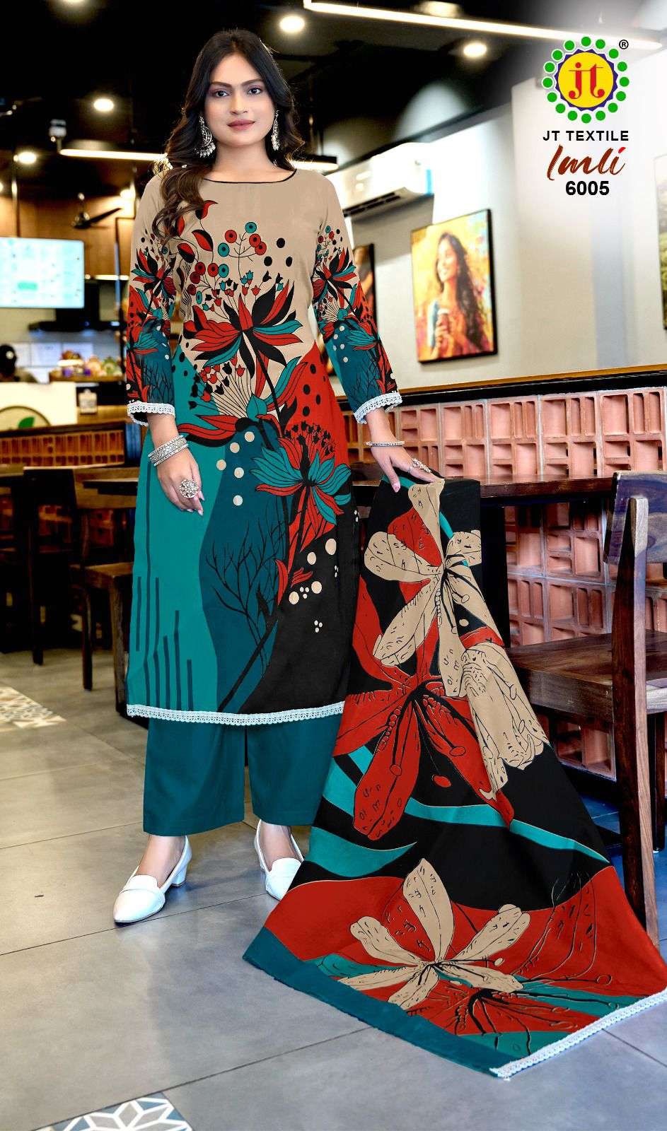 JT IMLI VOL 6 RAYON PRINT WITH FANCY WORKS SUIT