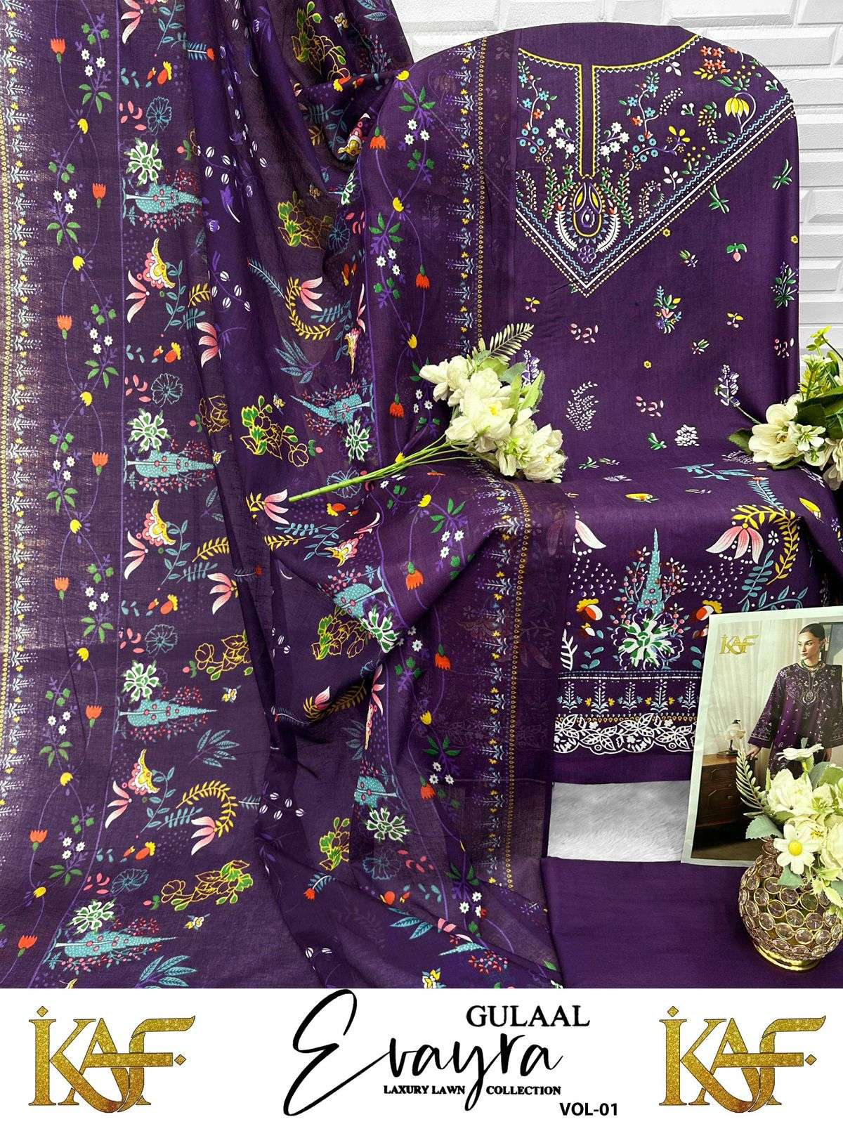 KAF FABRIC EVAYRA GULAAL LUXURY LAWN COLLECTION VOL 1 DIGITAL PRINT COTTON SALWAR SUIT