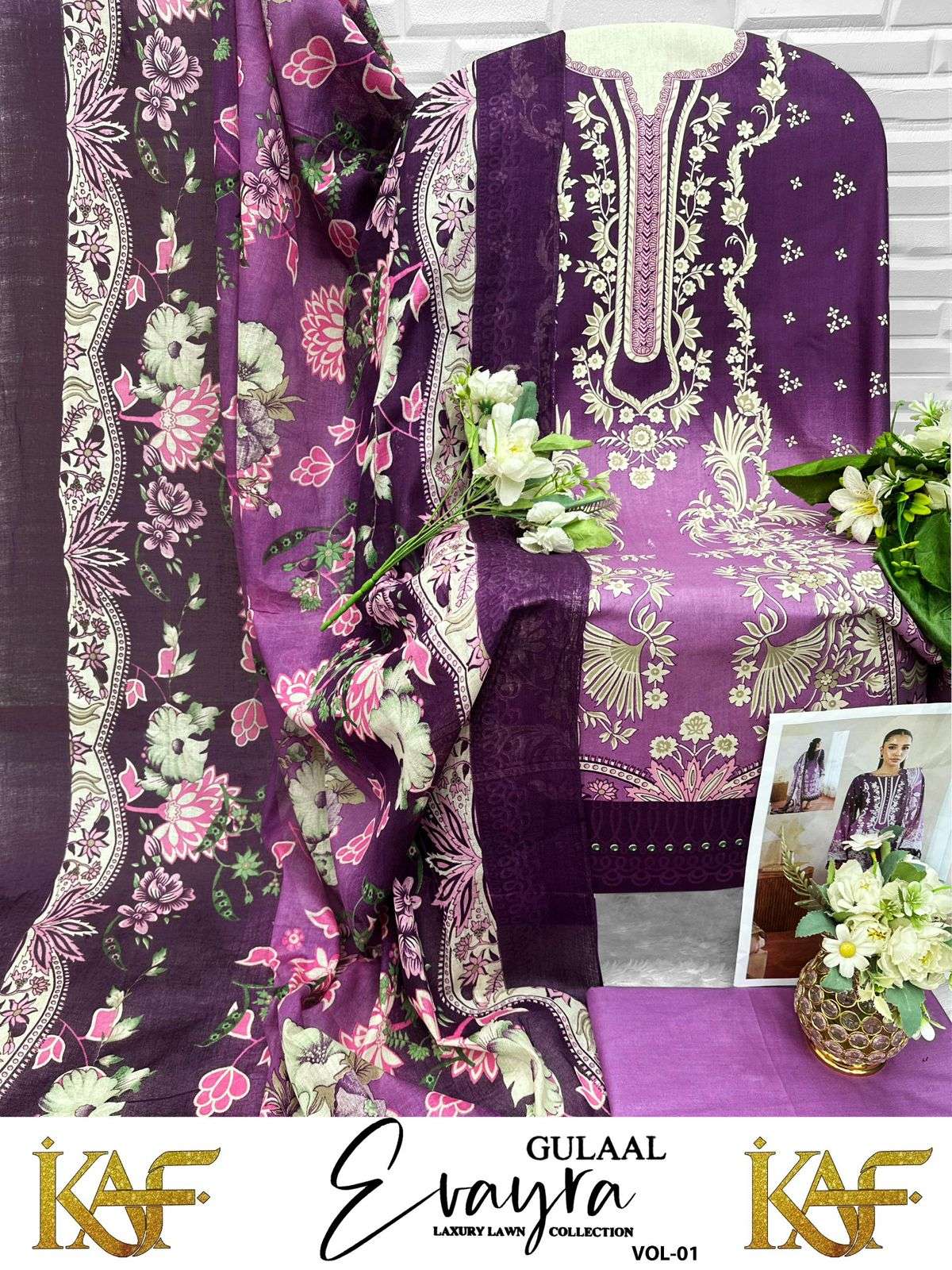 KAF FABRIC EVAYRA GULAAL LUXURY LAWN COLLECTION VOL 1 DIGITAL PRINT COTTON SALWAR SUIT