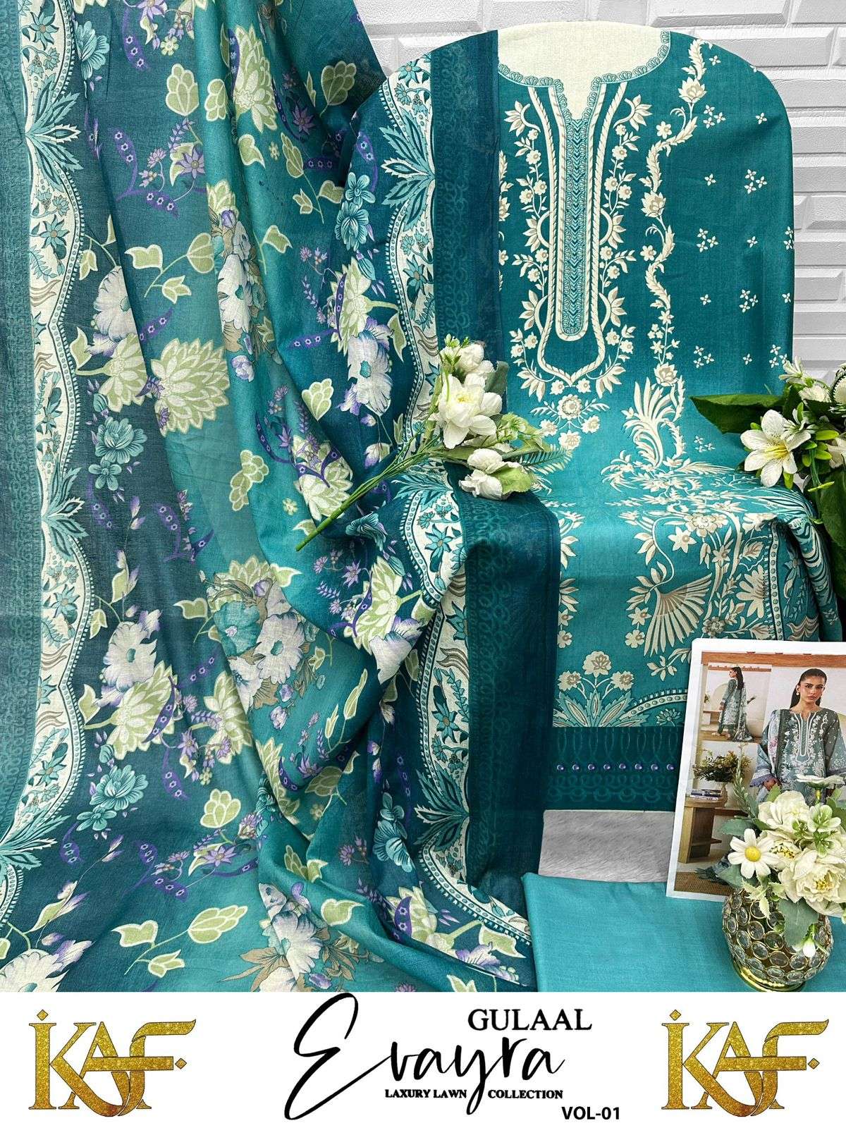 KAF FABRIC EVAYRA GULAAL LUXURY LAWN COLLECTION VOL 1 DIGITAL PRINT COTTON SALWAR SUIT