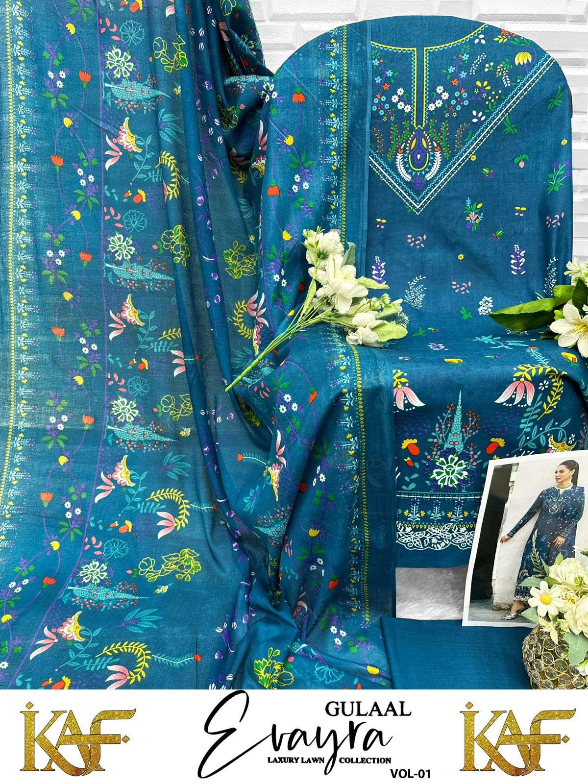 KAF FABRIC EVAYRA GULAAL LUXURY LAWN COLLECTION VOL 1 DIGITAL PRINT COTTON SALWAR SUIT