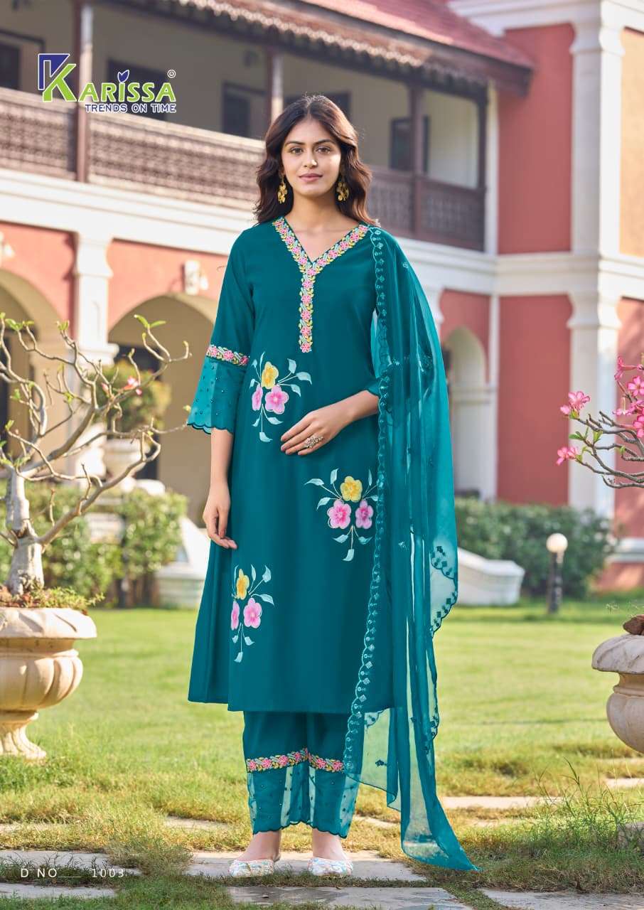 KARISSA ALISA VISCOSE DESIGNER WORK LADIES A-LINE TOP PANT WITH DUPATTA SET