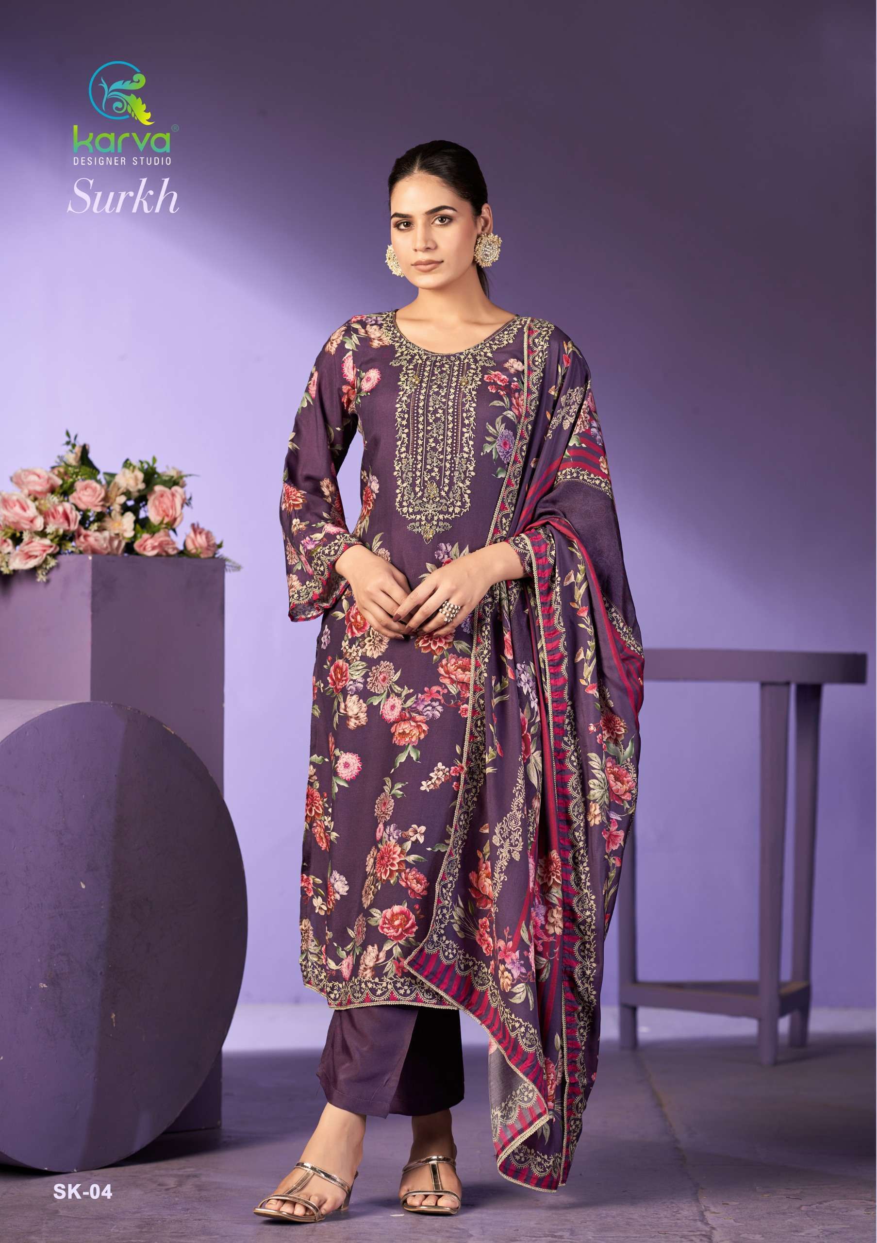 KARVA DESINER SURKH VOL 3 VISCOSE DIGITAL PRINT WITH HAND WORK DESIGNER SUIT