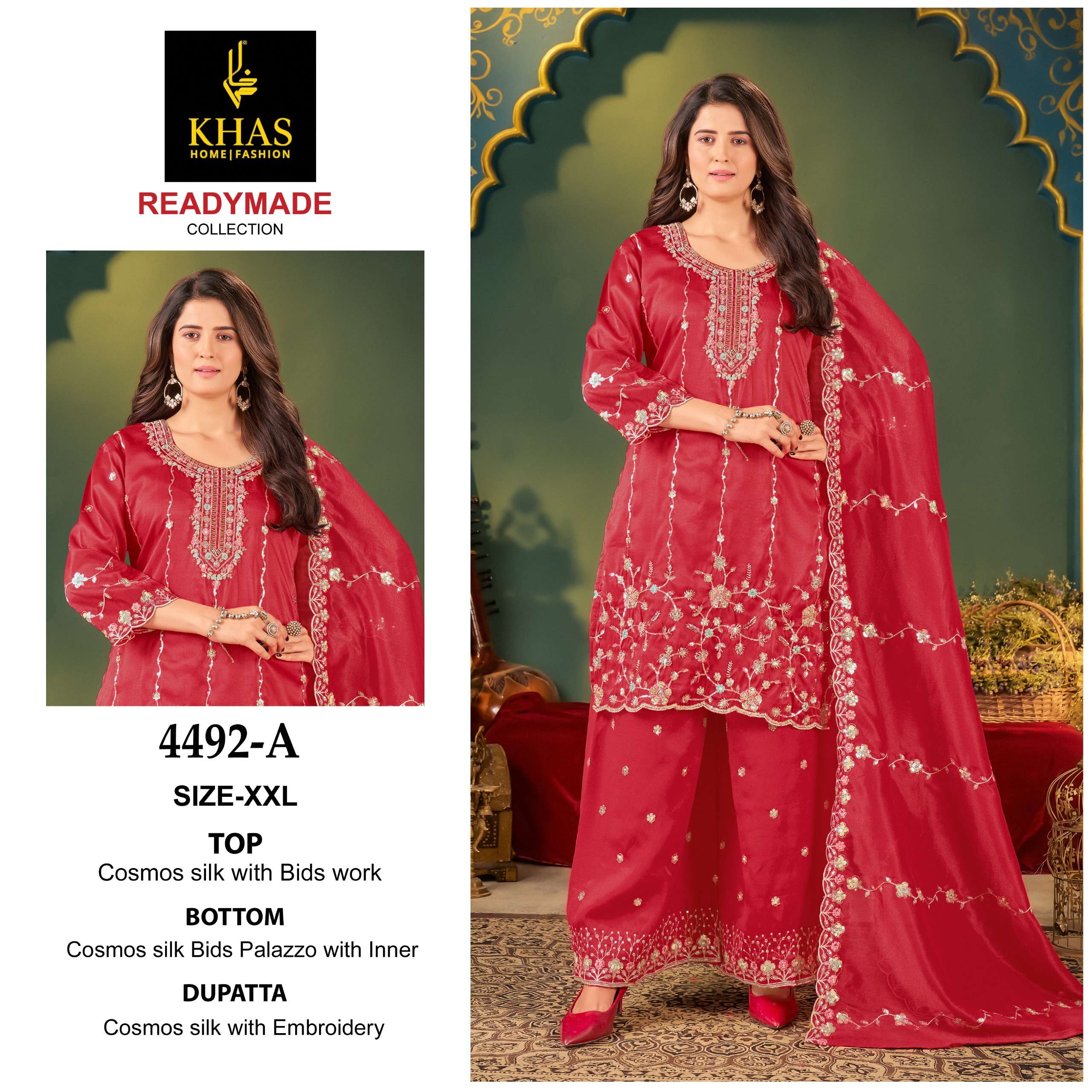 KHAS FASHION D NO 4492 SILK HEAVY EMBROIDERD DESIGNER READY MADE SUIT