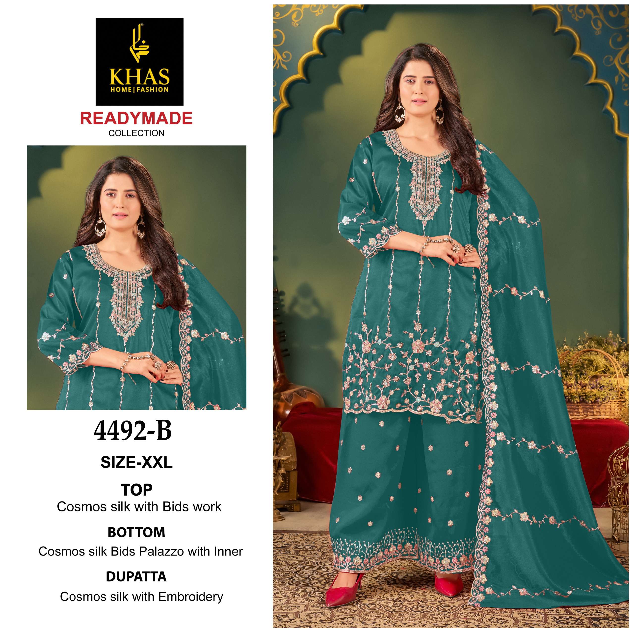 KHAS FASHION D NO 4492 SILK HEAVY EMBROIDERD DESIGNER READY MADE SUIT