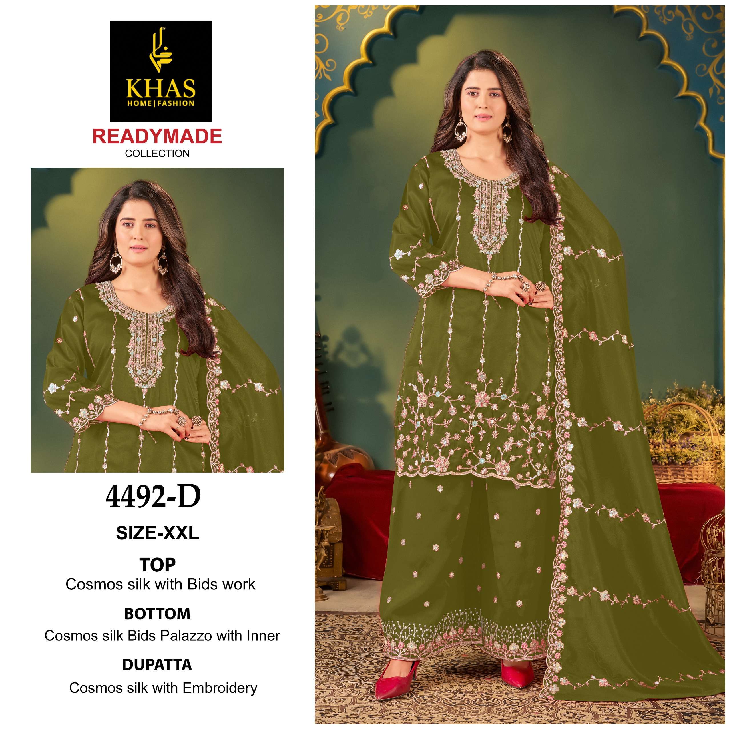 KHAS FASHION D NO 4492 SILK HEAVY EMBROIDERD DESIGNER READY MADE SUIT