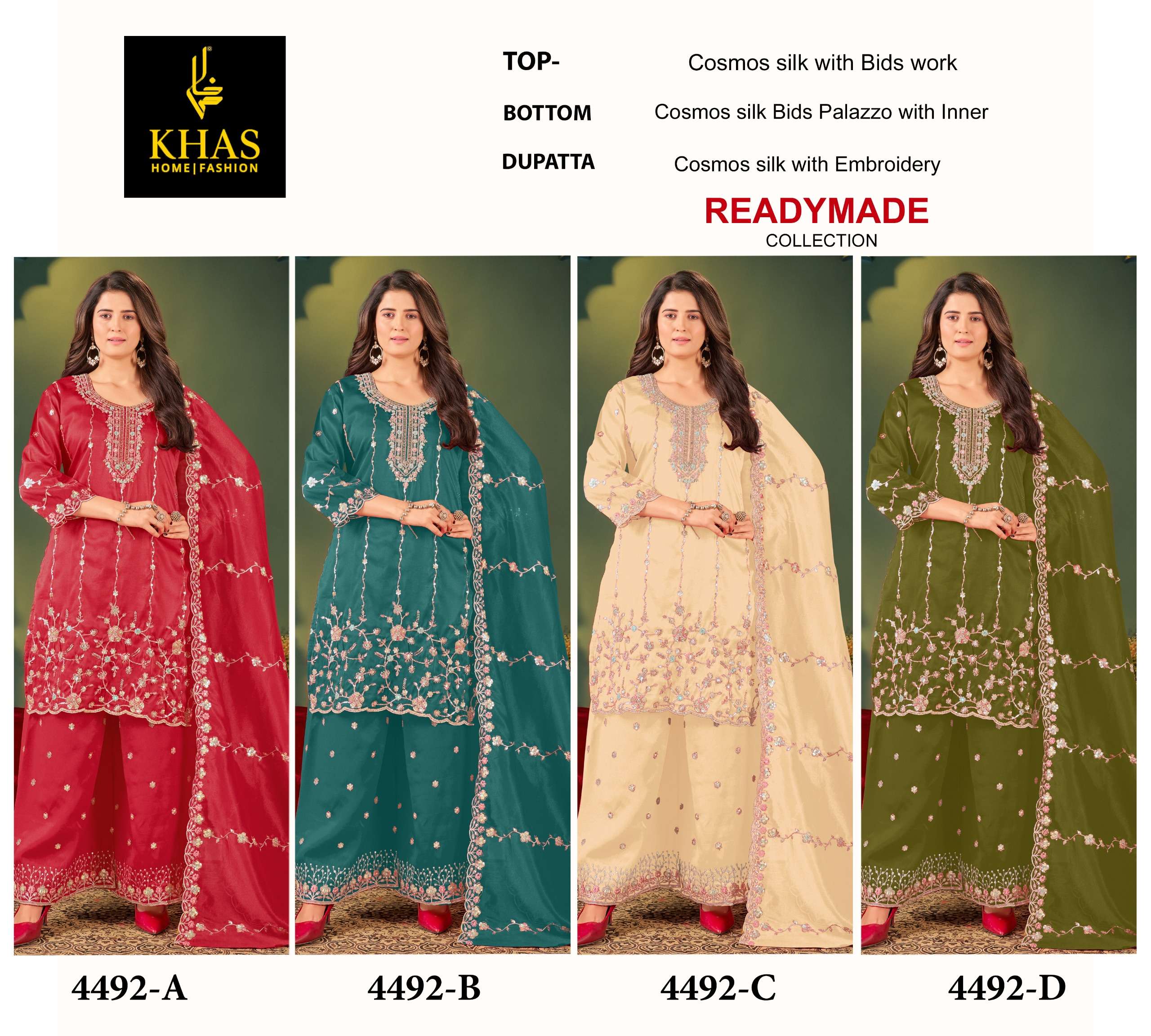 KHAS FASHION D NO 4492 SILK HEAVY EMBROIDERD DESIGNER READY MADE SUIT