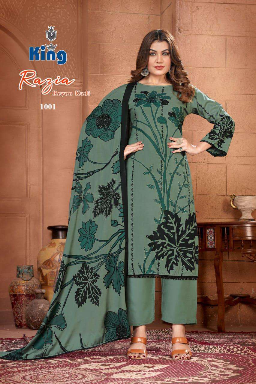 KING RAZIA VOL 1 RAYON FOIL PRINT WITH FANCY WORK SUIT