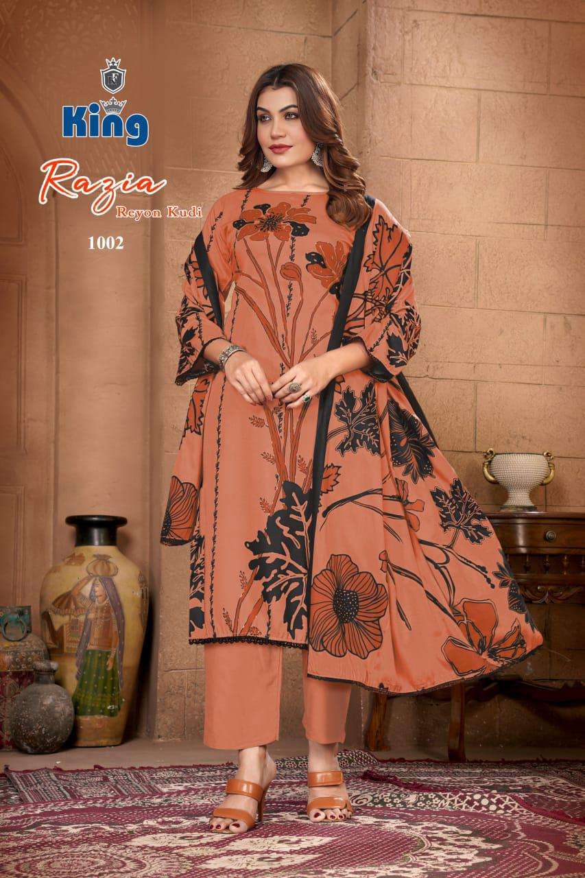 KING RAZIA VOL 1 RAYON FOIL PRINT WITH FANCY WORK SUIT