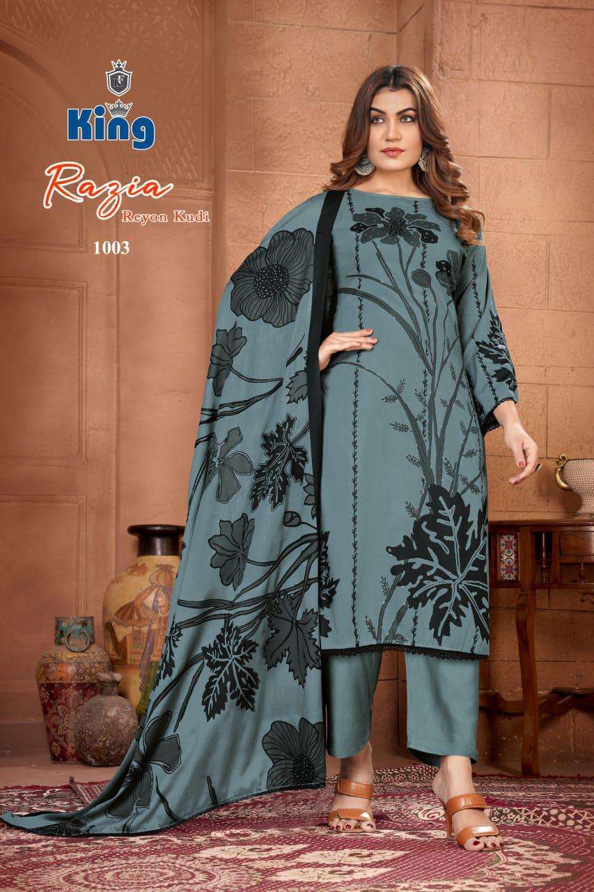 KING RAZIA VOL 1 RAYON FOIL PRINT WITH FANCY WORK SUIT