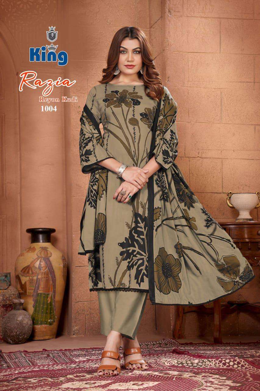 KING RAZIA VOL 1 RAYON FOIL PRINT WITH FANCY WORK SUIT