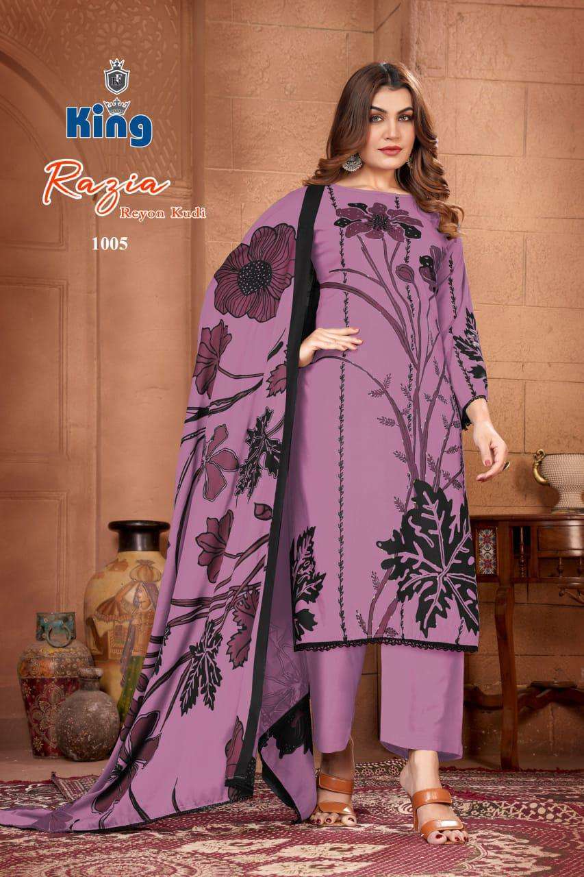 KING RAZIA VOL 1 RAYON FOIL PRINT WITH FANCY WORK SUIT
