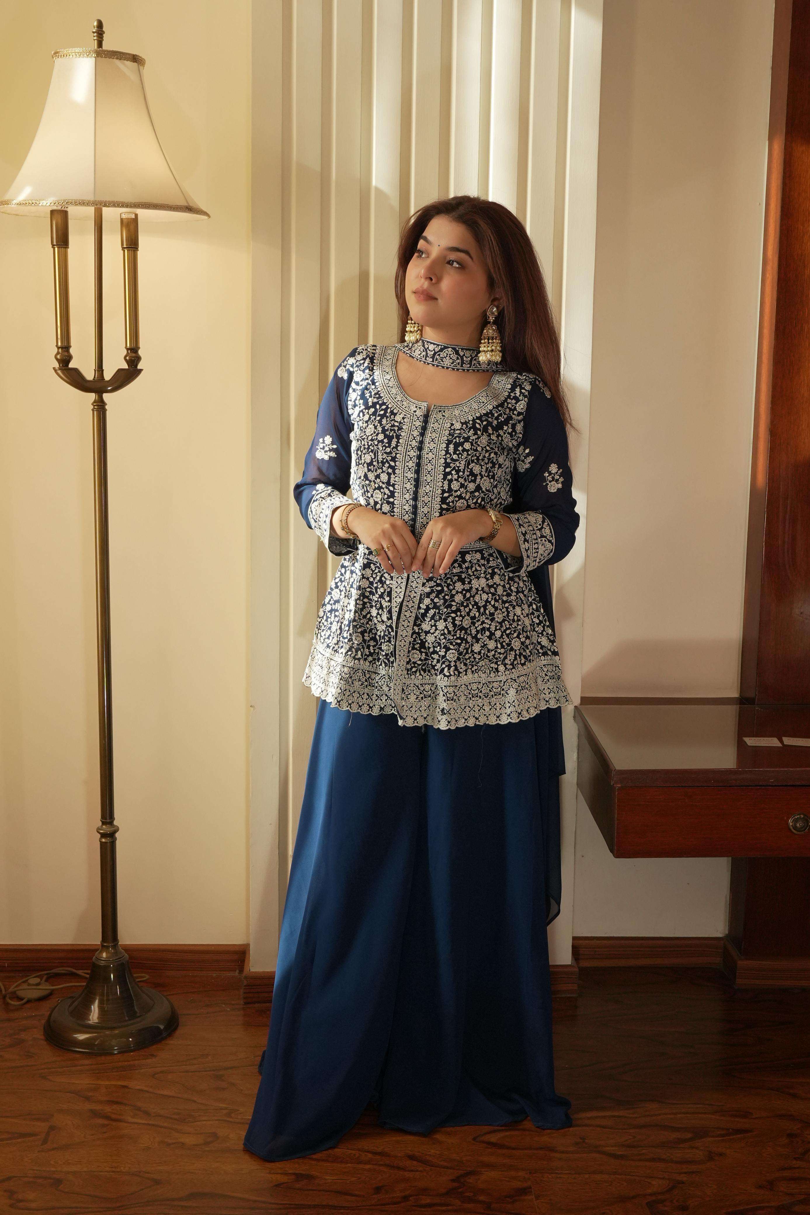 LM 14 GEORGETTE HEAVY DESIGNER PEPLUM TOP PLAZZO AND DUPATTA