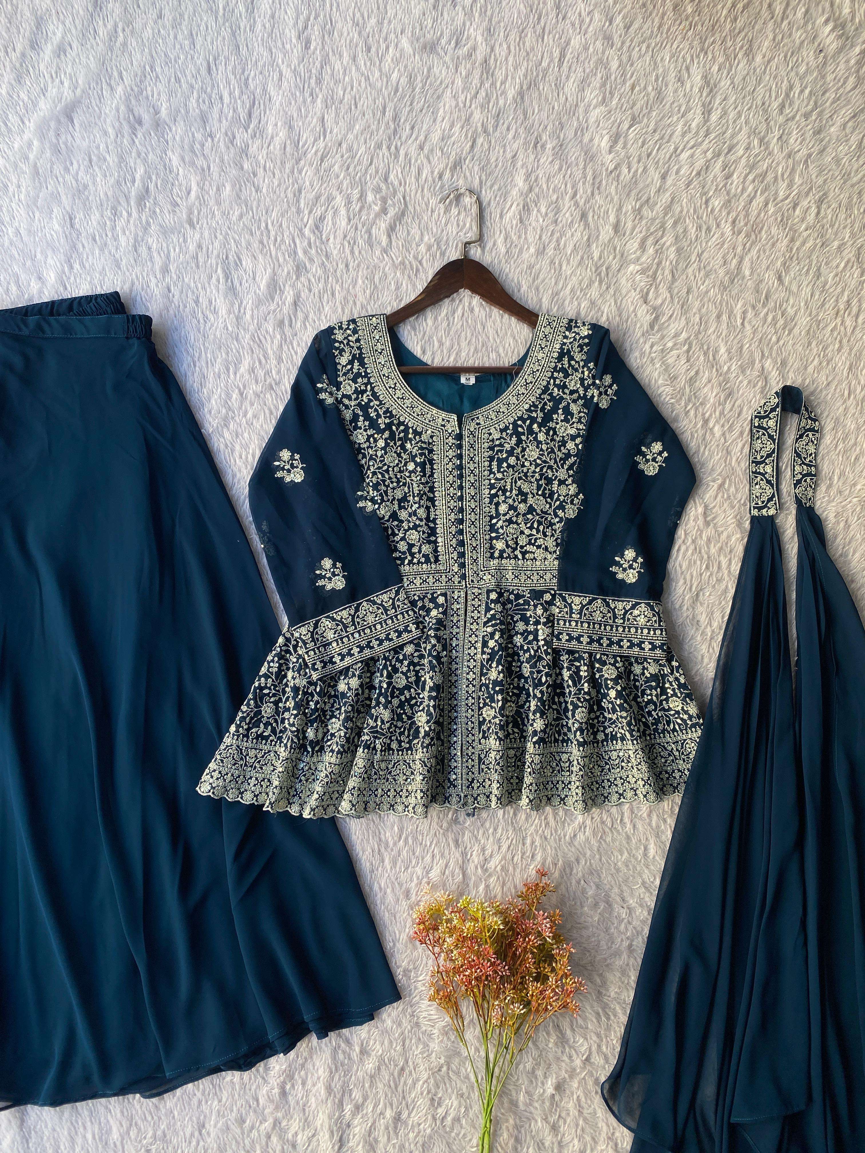 LM 14 GEORGETTE HEAVY DESIGNER PEPLUM TOP PLAZZO AND DUPATTA