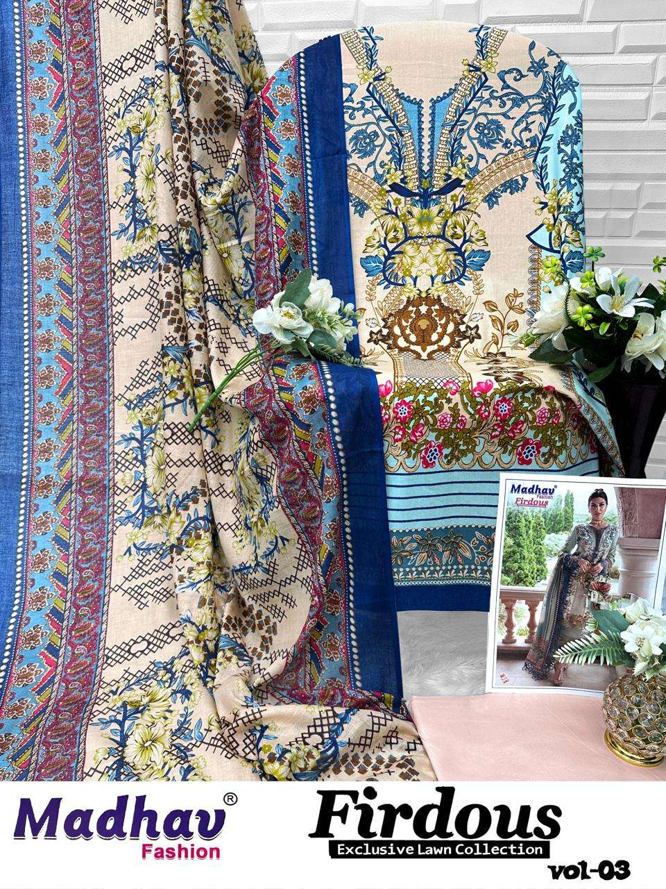 MADHAV FASHION FIRDOUS VOL 3 LAWN COTTON DIGITAL PRINTS SUIT