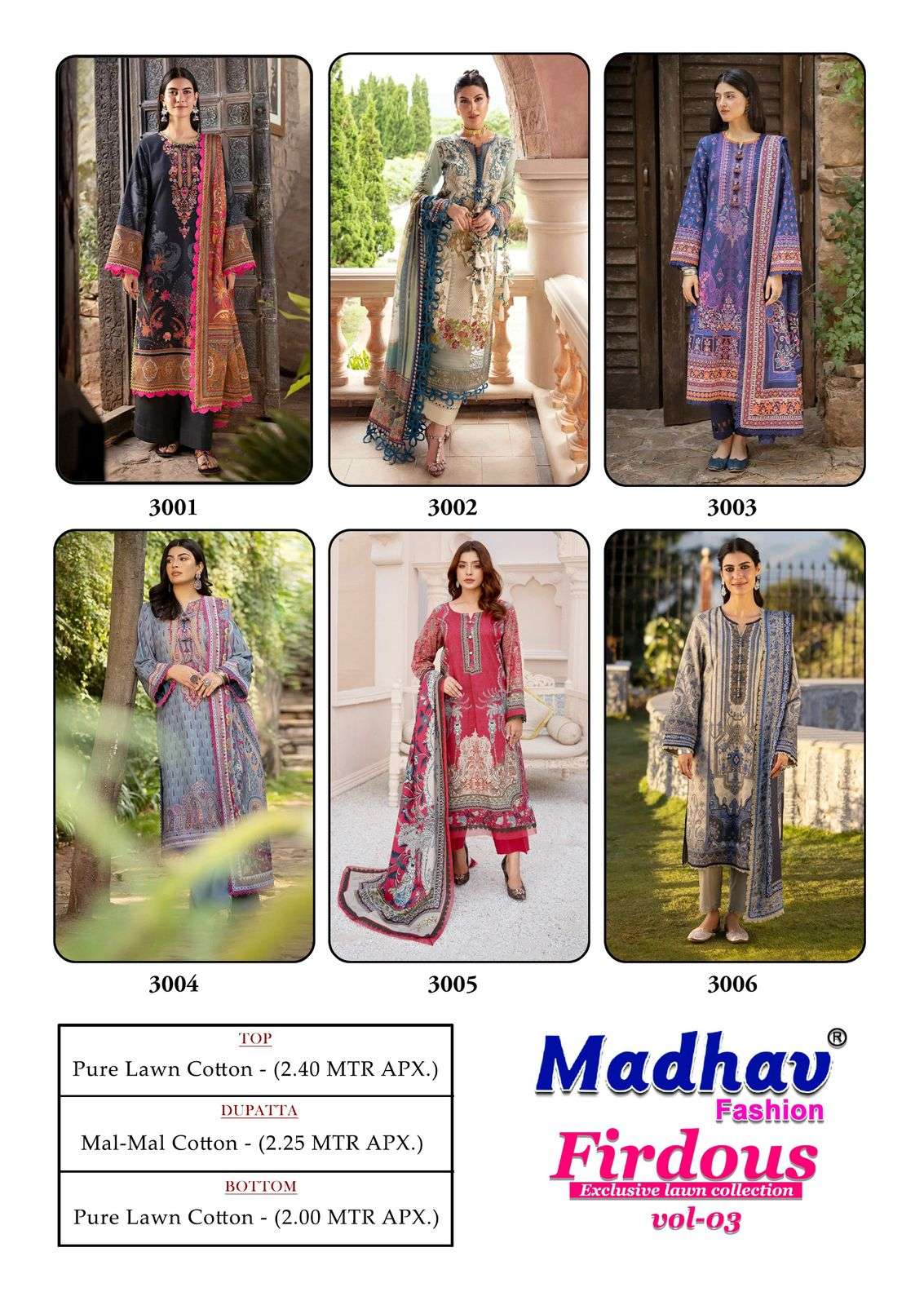 MADHAV FASHION FIRDOUS VOL 3 LAWN COTTON DIGITAL PRINTS SUIT