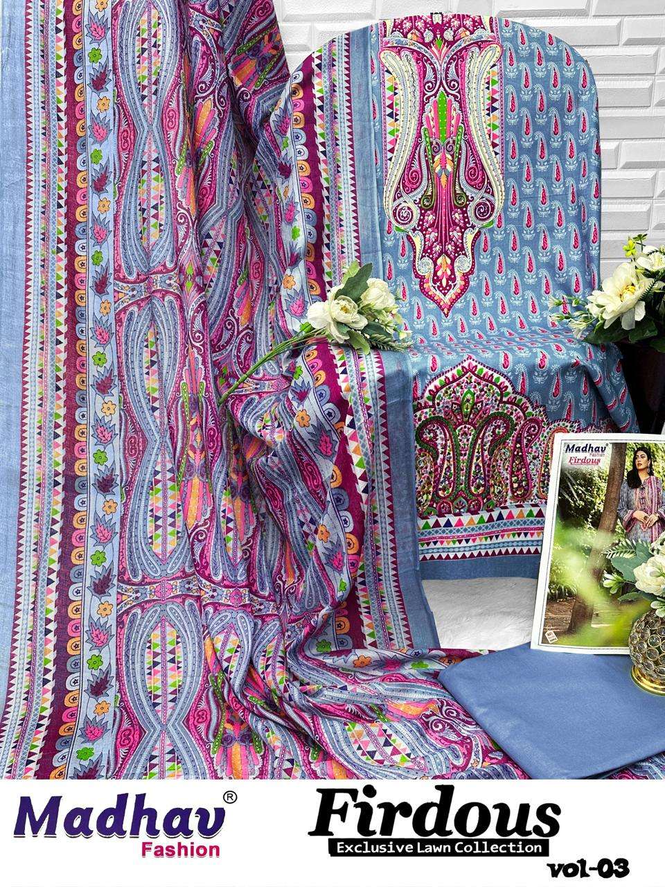 MADHAV FASHION FIRDOUS VOL 3 LAWN COTTON DIGITAL PRINTS SUIT