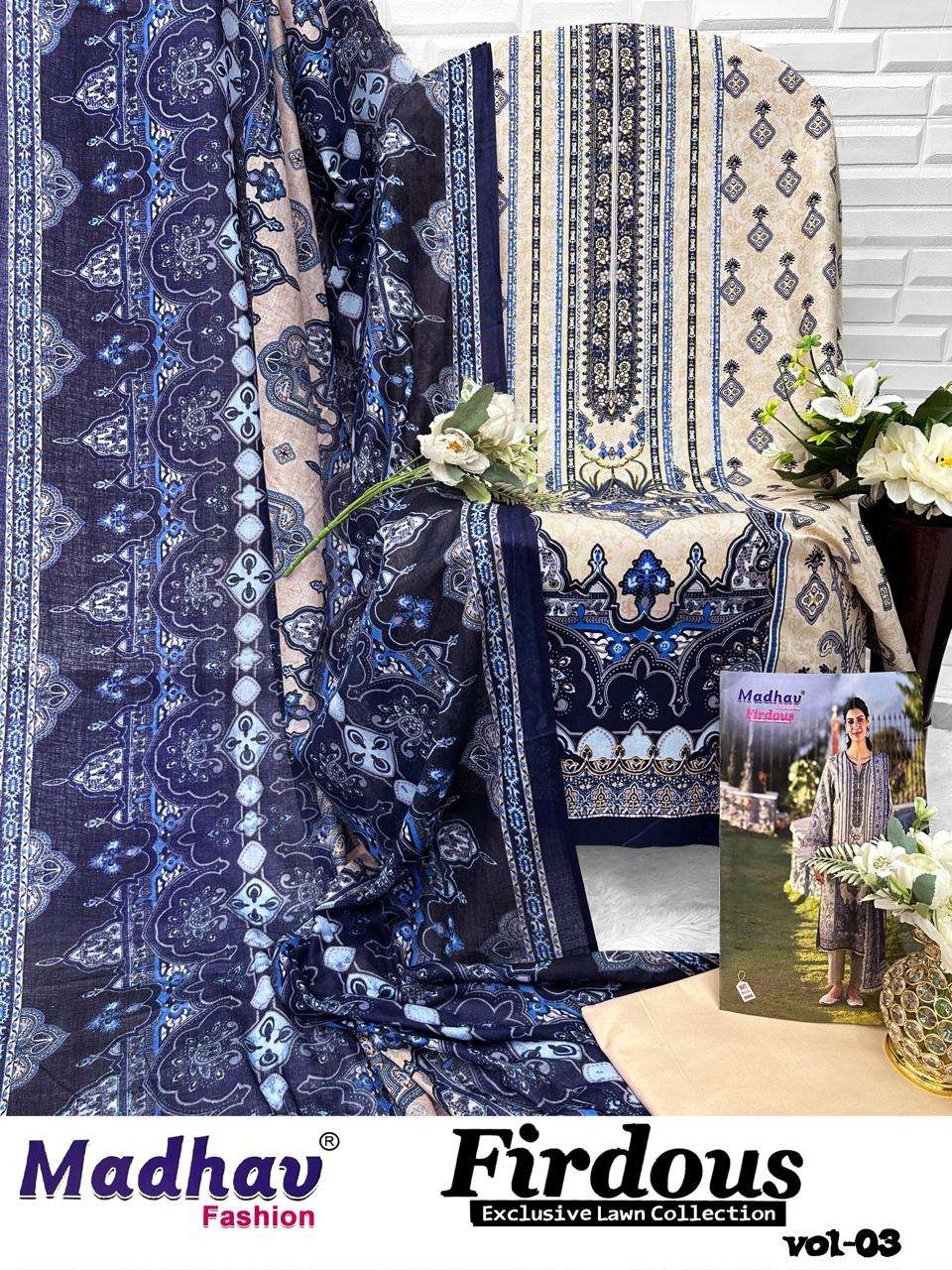 MADHAV FASHION FIRDOUS VOL 3 LAWN COTTON DIGITAL PRINTS SUIT