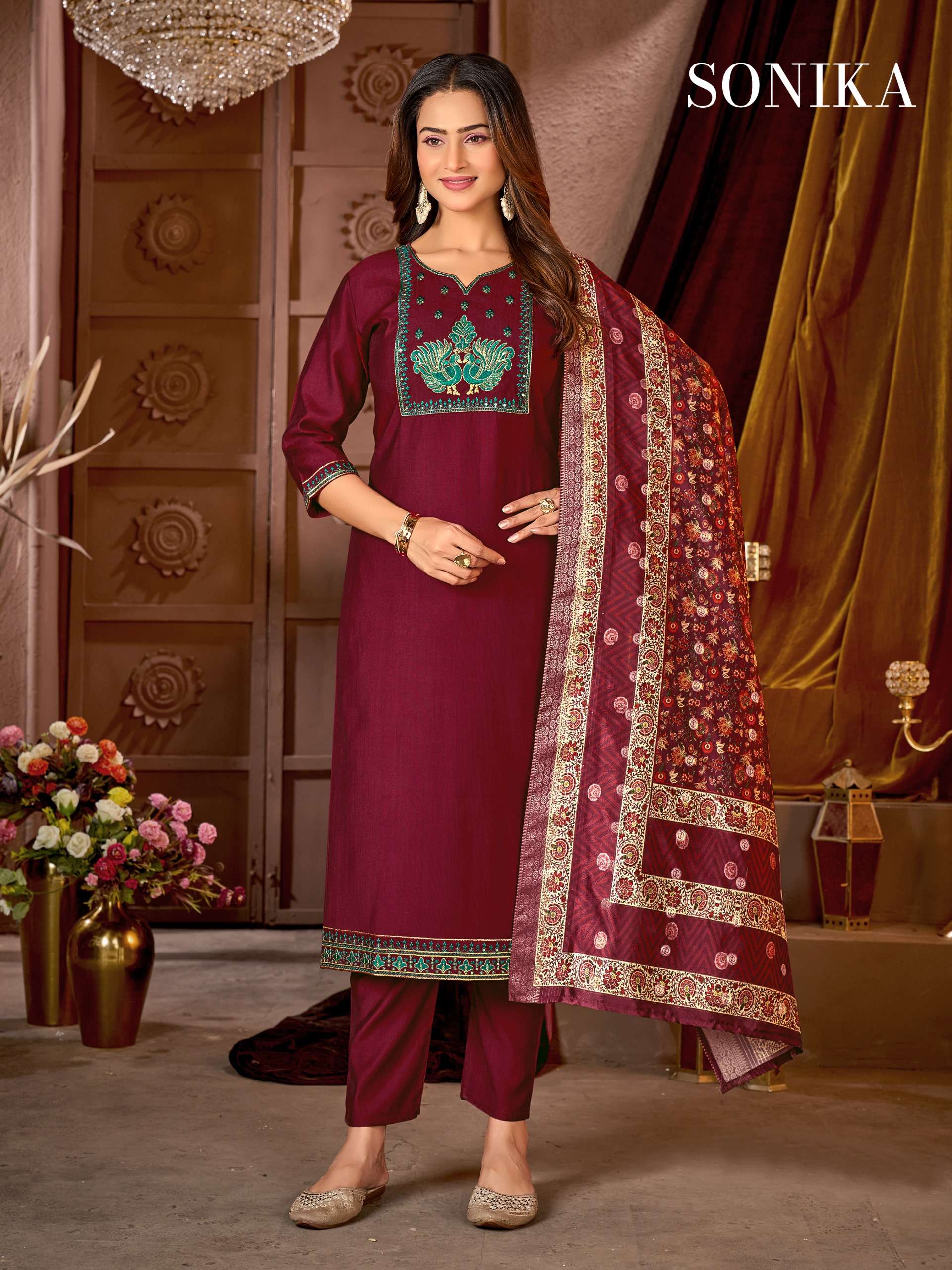 MF SONIKA SILK WITH HEAVY EMBROIDERY WORKS LADIES 3PIECE SET COLLECTION 