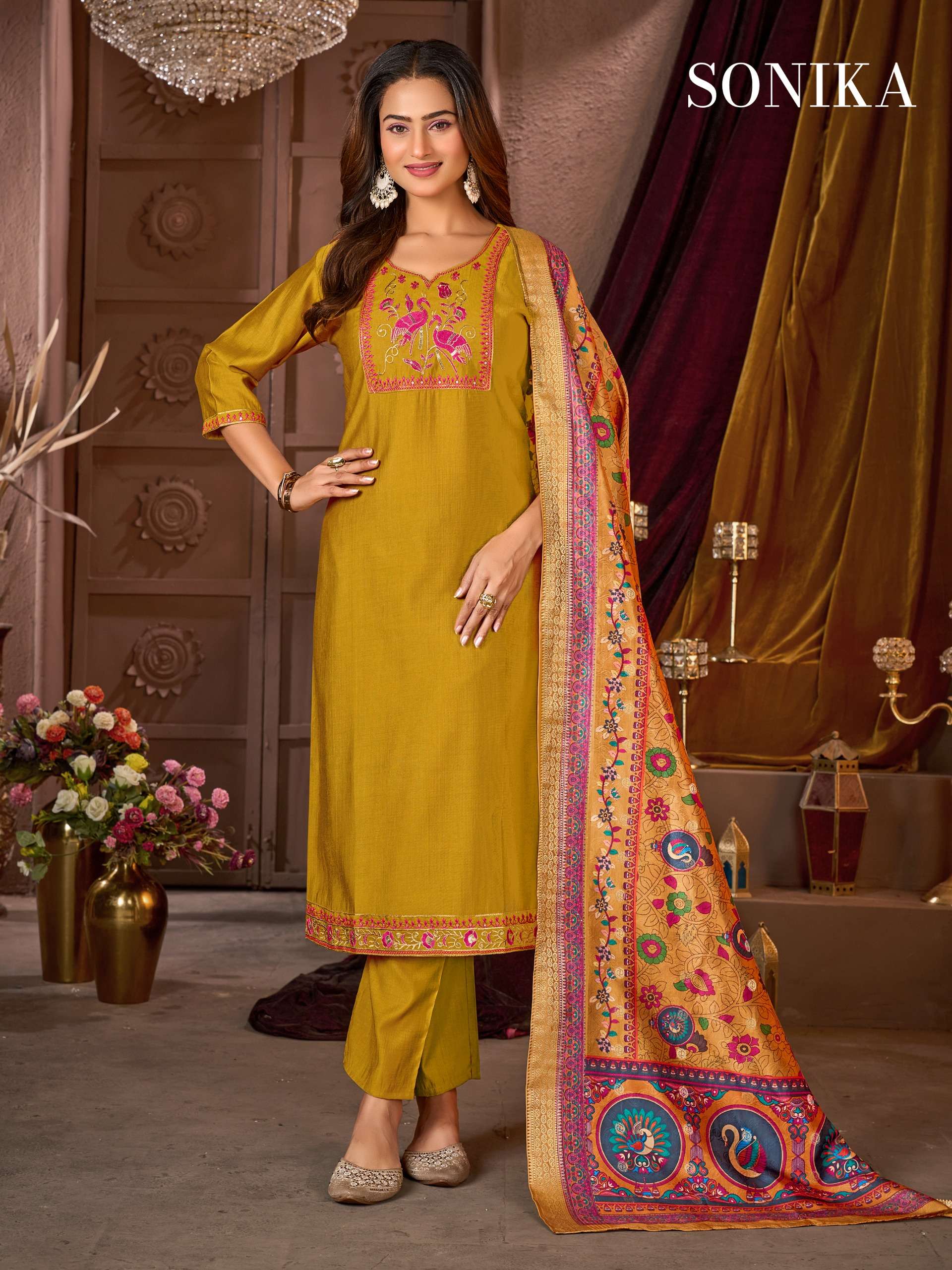 MF SONIKA SILK WITH HEAVY EMBROIDERY WORKS LADIES 3PIECE SET COLLECTION 