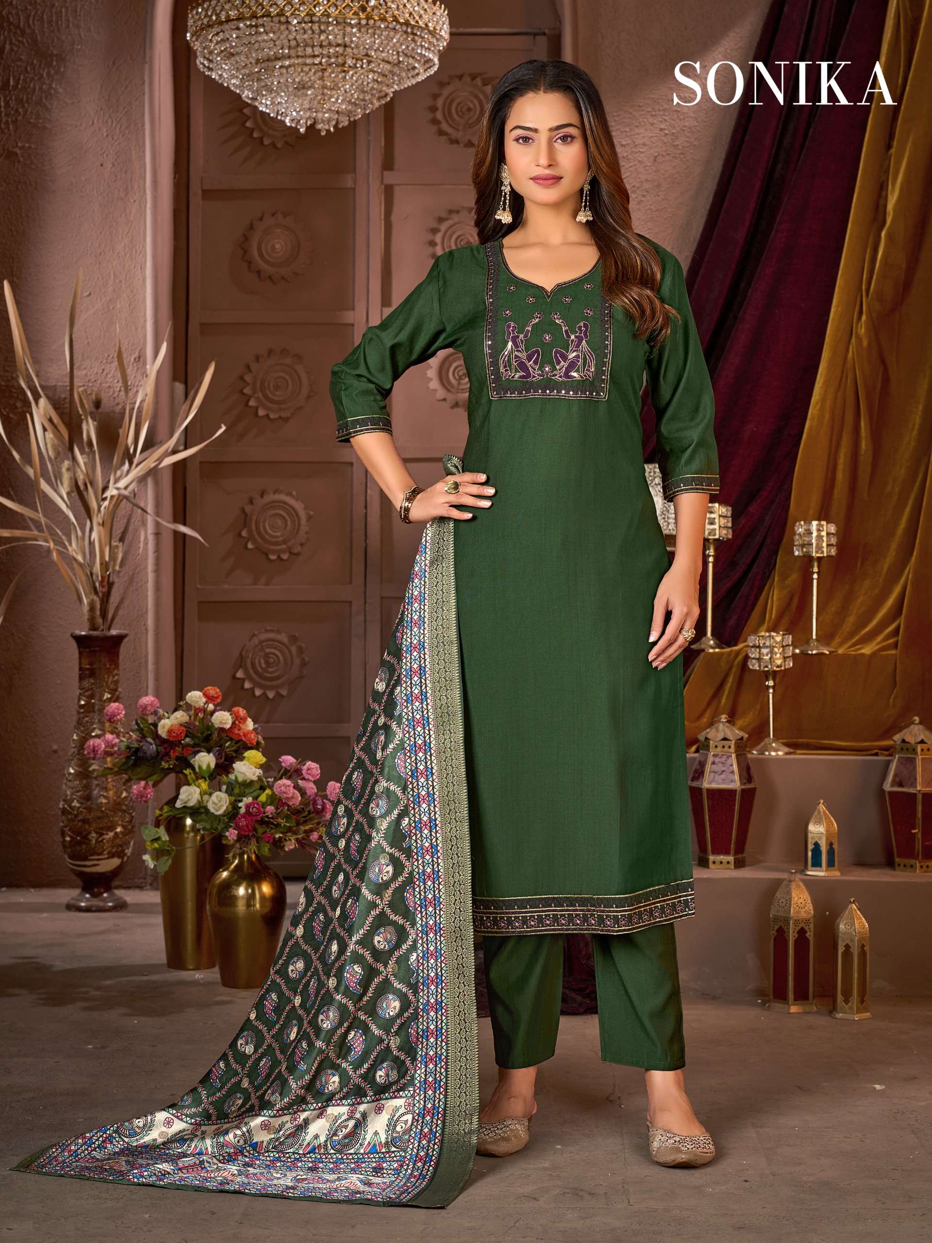 MF SONIKA SILK WITH HEAVY EMBROIDERY WORKS LADIES 3PIECE SET COLLECTION 