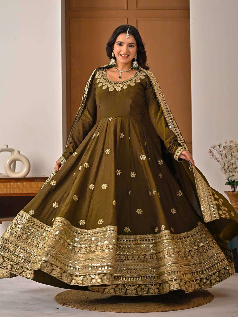 ND 5055 SILK SEQUENCE EMBROIDERY DESIGNER WORK PARTY WEAR ANARKALI DRESS