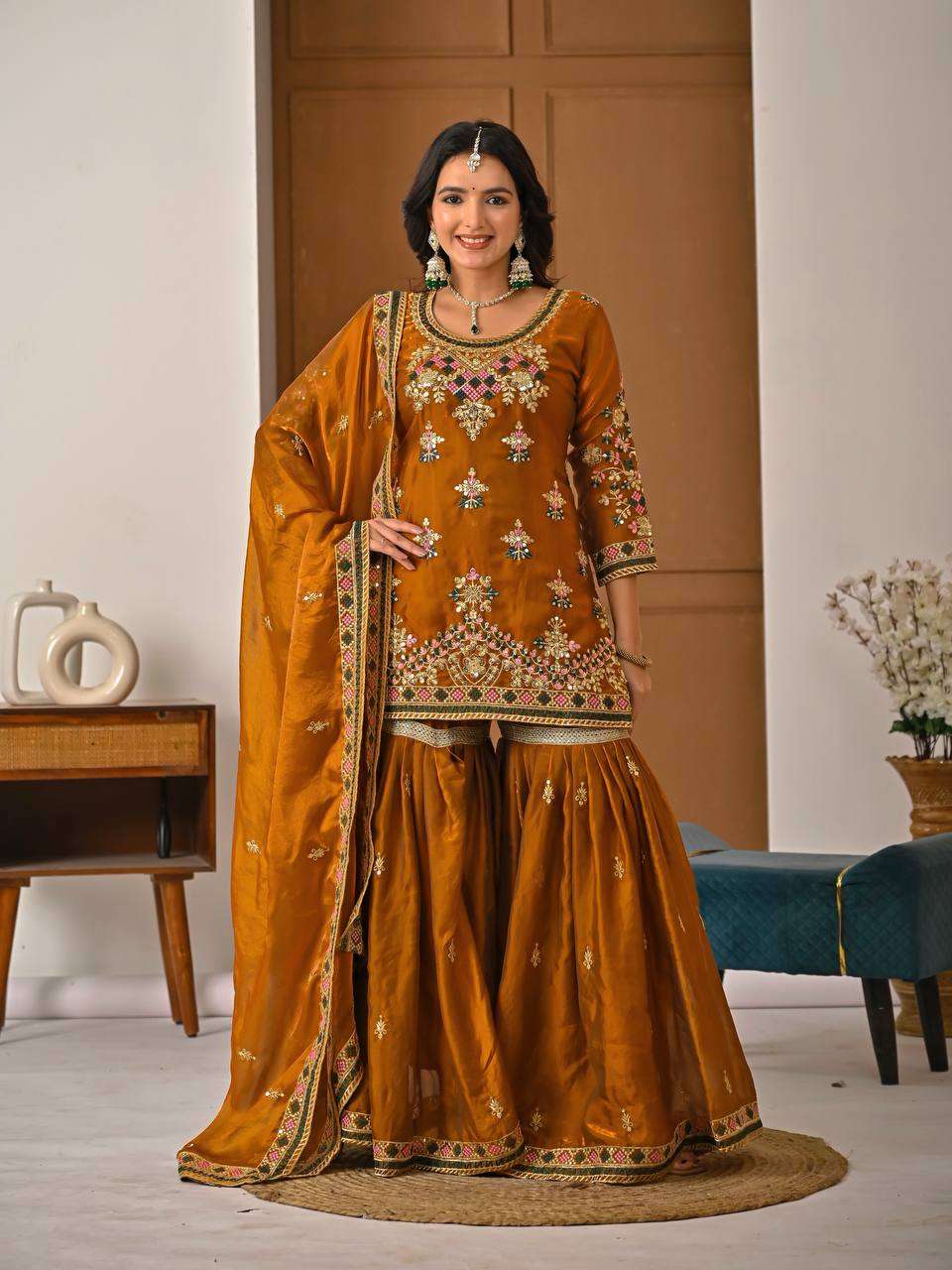 ND 5056 SILK DESIGNER PARTY WEAR LADIES TOP WITH SHARARA AND DUPATTA SET 