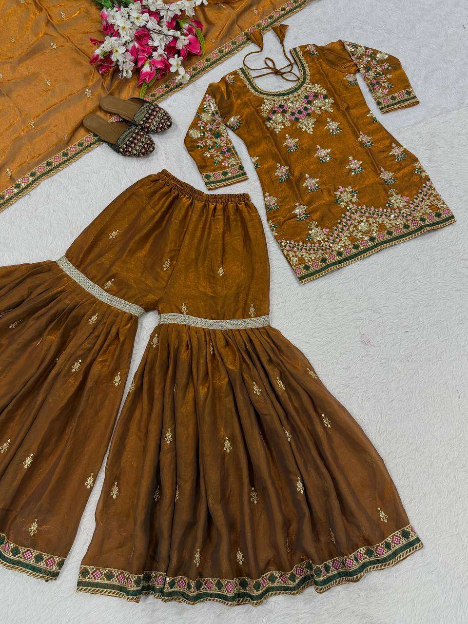 ND 5056 SILK DESIGNER PARTY WEAR LADIES TOP WITH SHARARA AND DUPATTA SET 