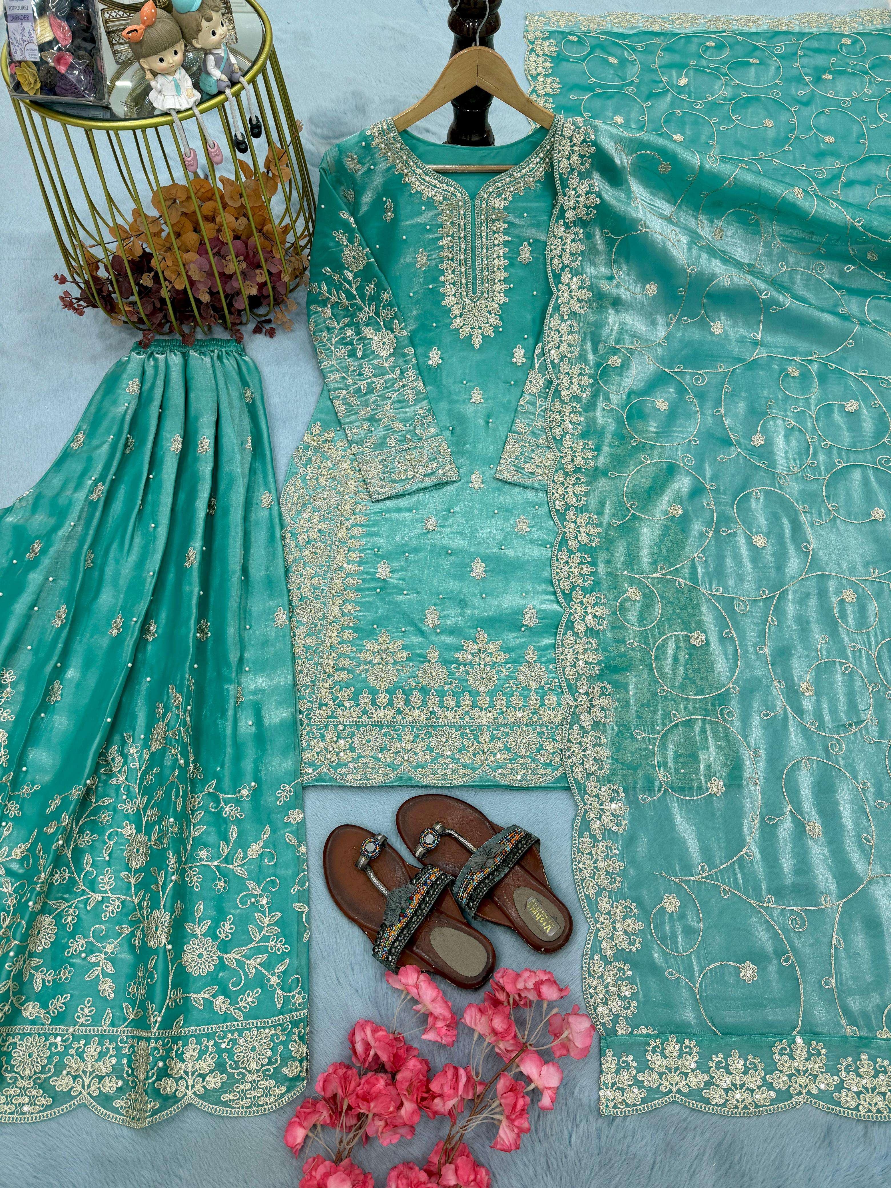 PD 1141 SILK HEAVY DESIGNER PARTY WEAR LADIES TOP PLAZZO AND DUPATTA SET