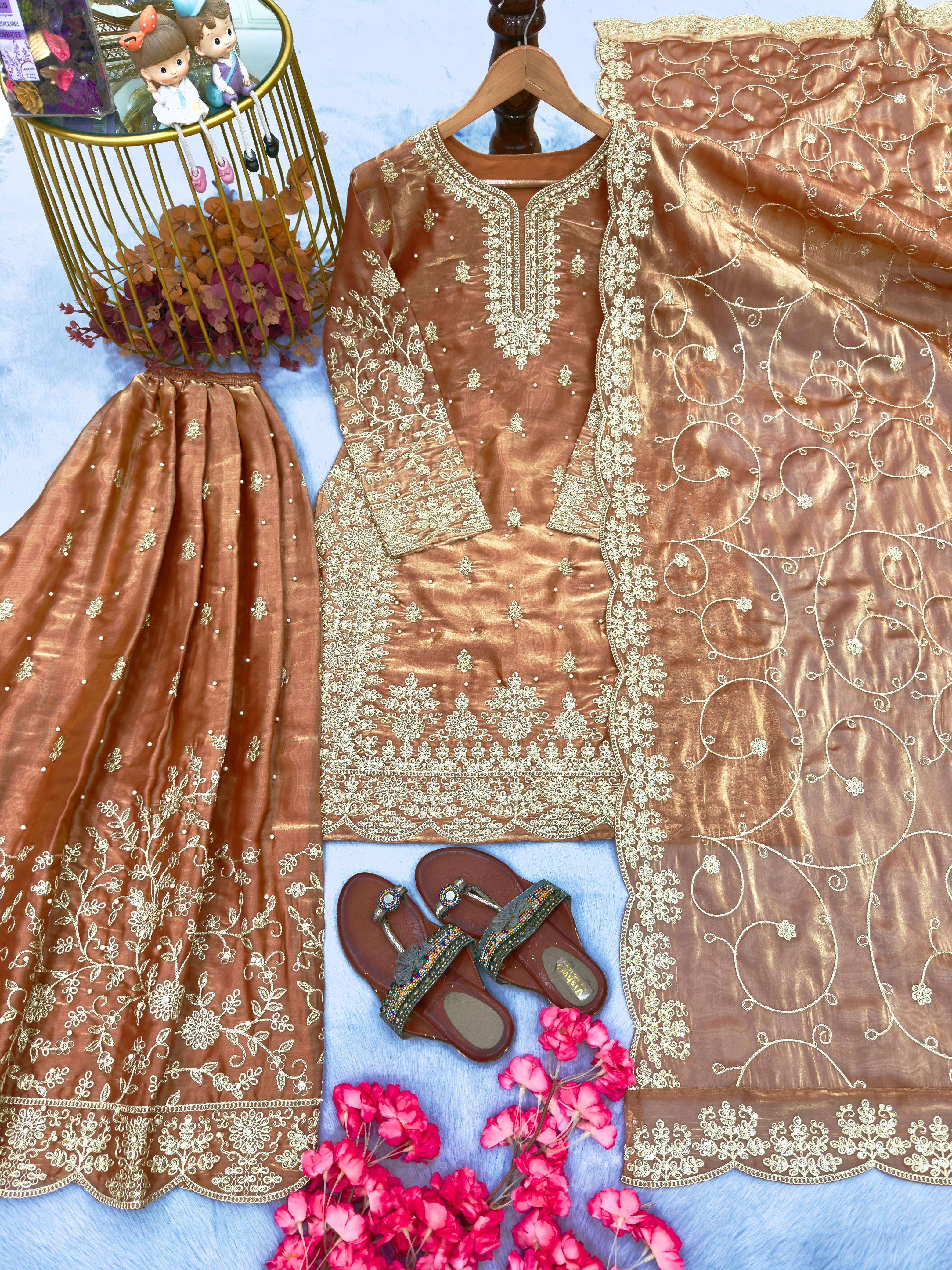 PD 1141 SILK HEAVY DESIGNER PARTY WEAR LADIES TOP PLAZZO AND DUPATTA SET