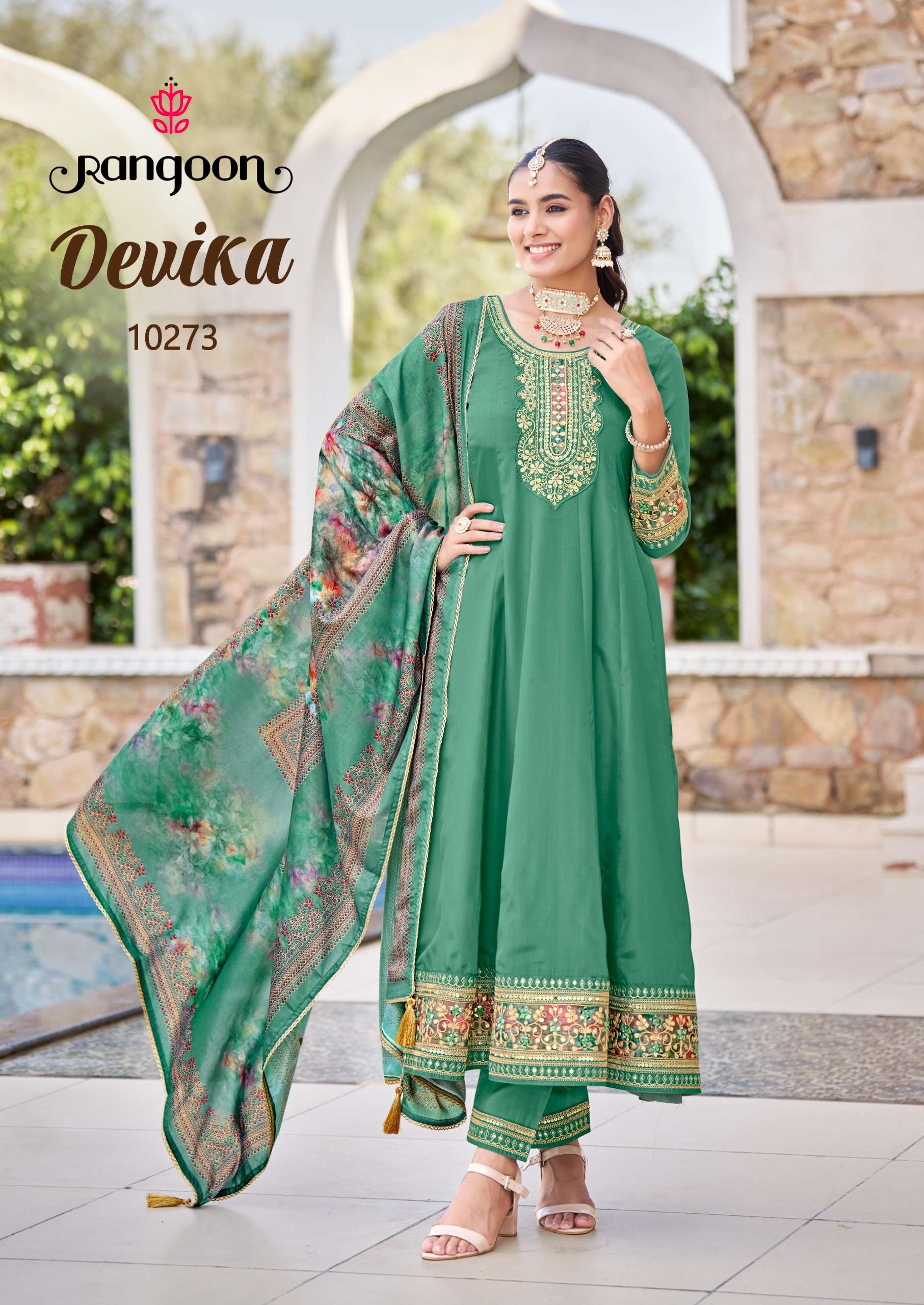 RANGOON DEVIKA HEAVY DESIGNER PARTY WEAR ANARKALI STYLE READY MADE SUIT