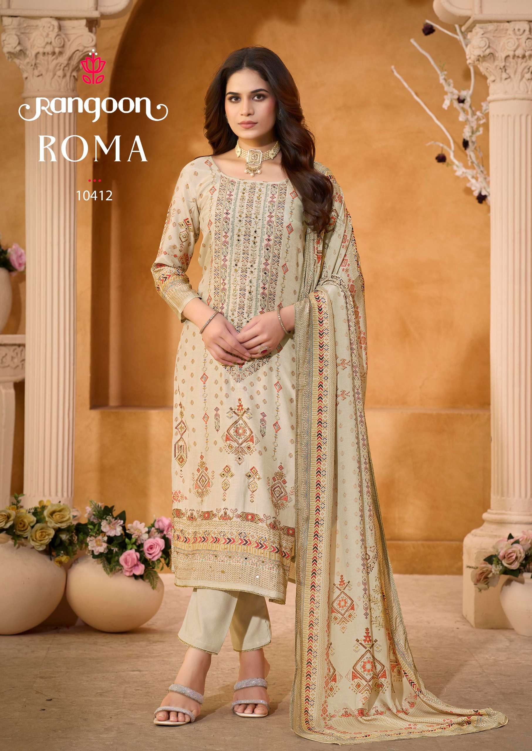 RANGOON ROMA MUSLIN DIGITAL PRINT WITH FANCY EMBROIDERY WORK LADIES SUIT