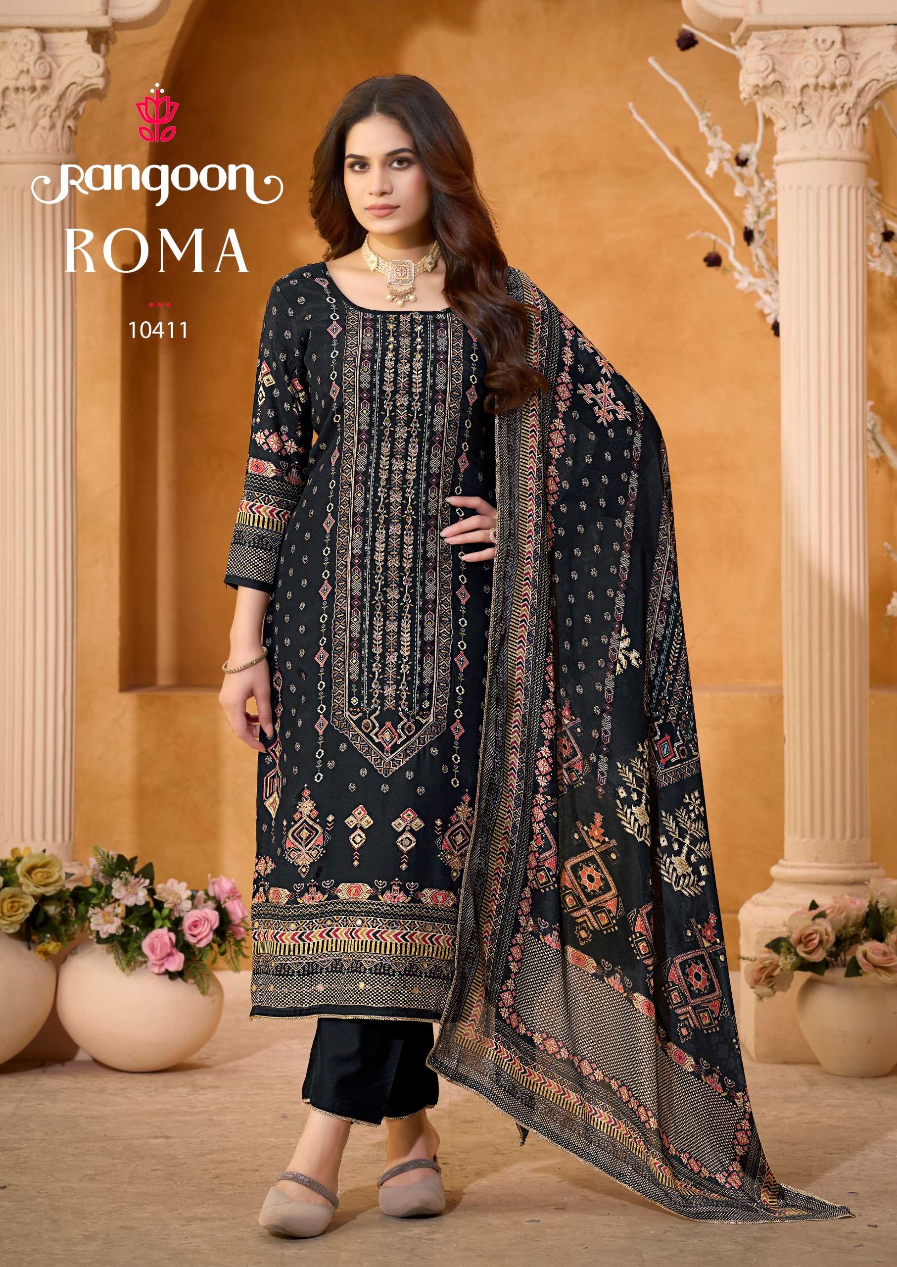 RANGOON ROMA MUSLIN DIGITAL PRINT WITH FANCY EMBROIDERY WORK LADIES SUIT