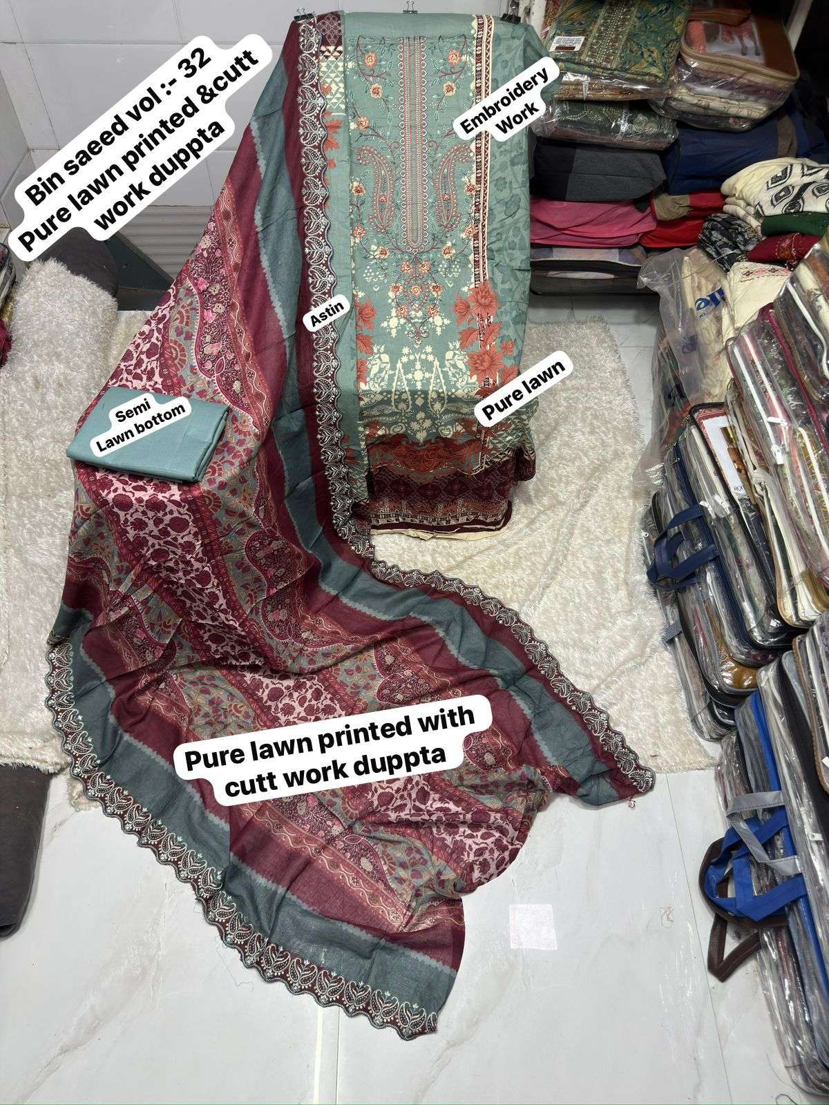 SF BIN SAEED VOL 32 LAWN COTTON FANCY WORK SALWAR KAMEEZ 