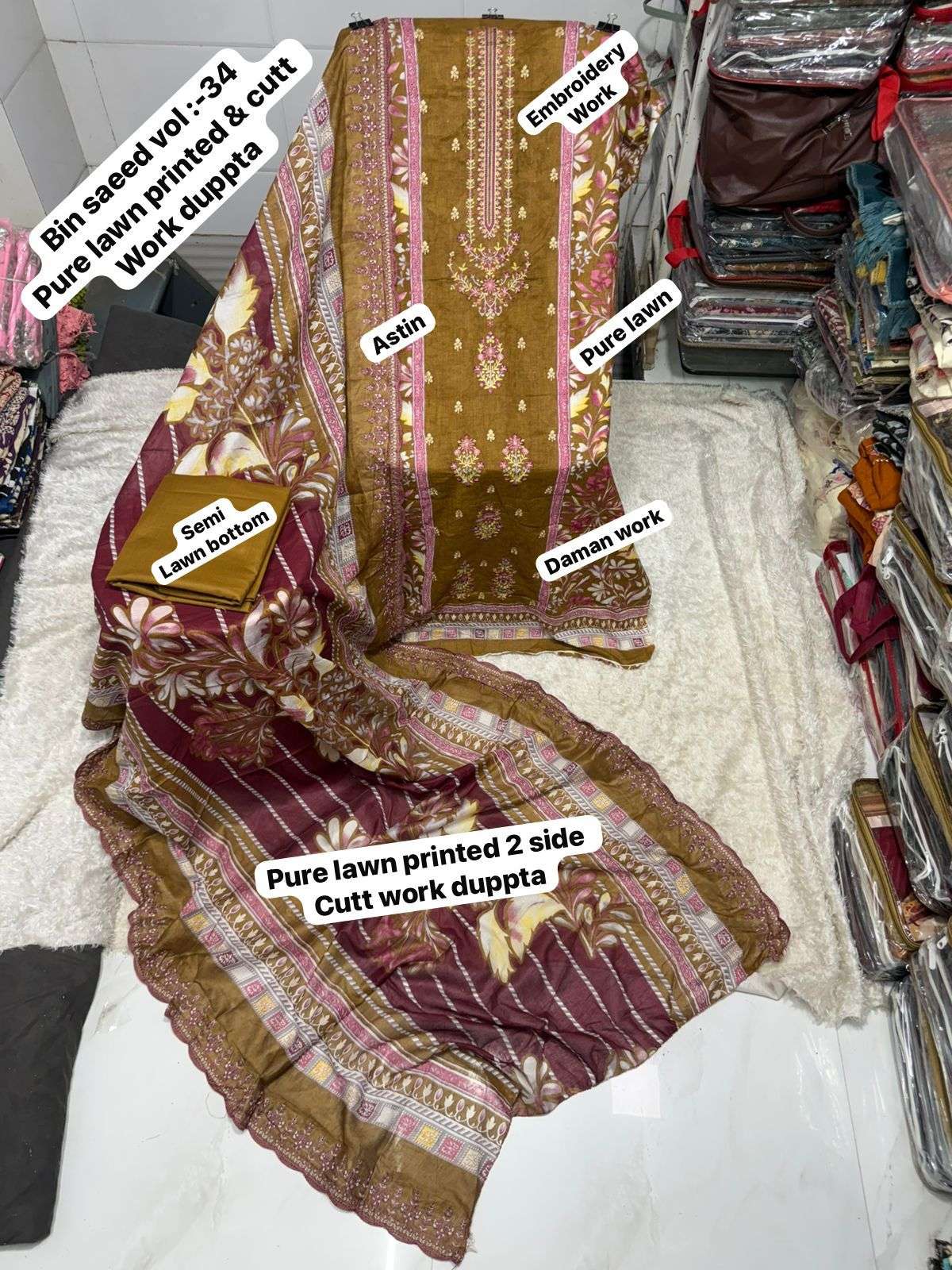 SF BIN SAEED VOL 34 LAWN COTTON FANCY WORK SALWAR KAMEEZ