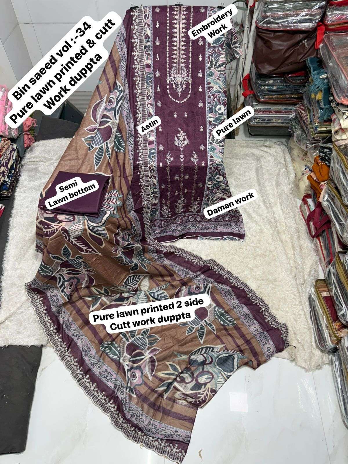 SF BIN SAEED VOL 34 LAWN COTTON FANCY WORK SALWAR KAMEEZ