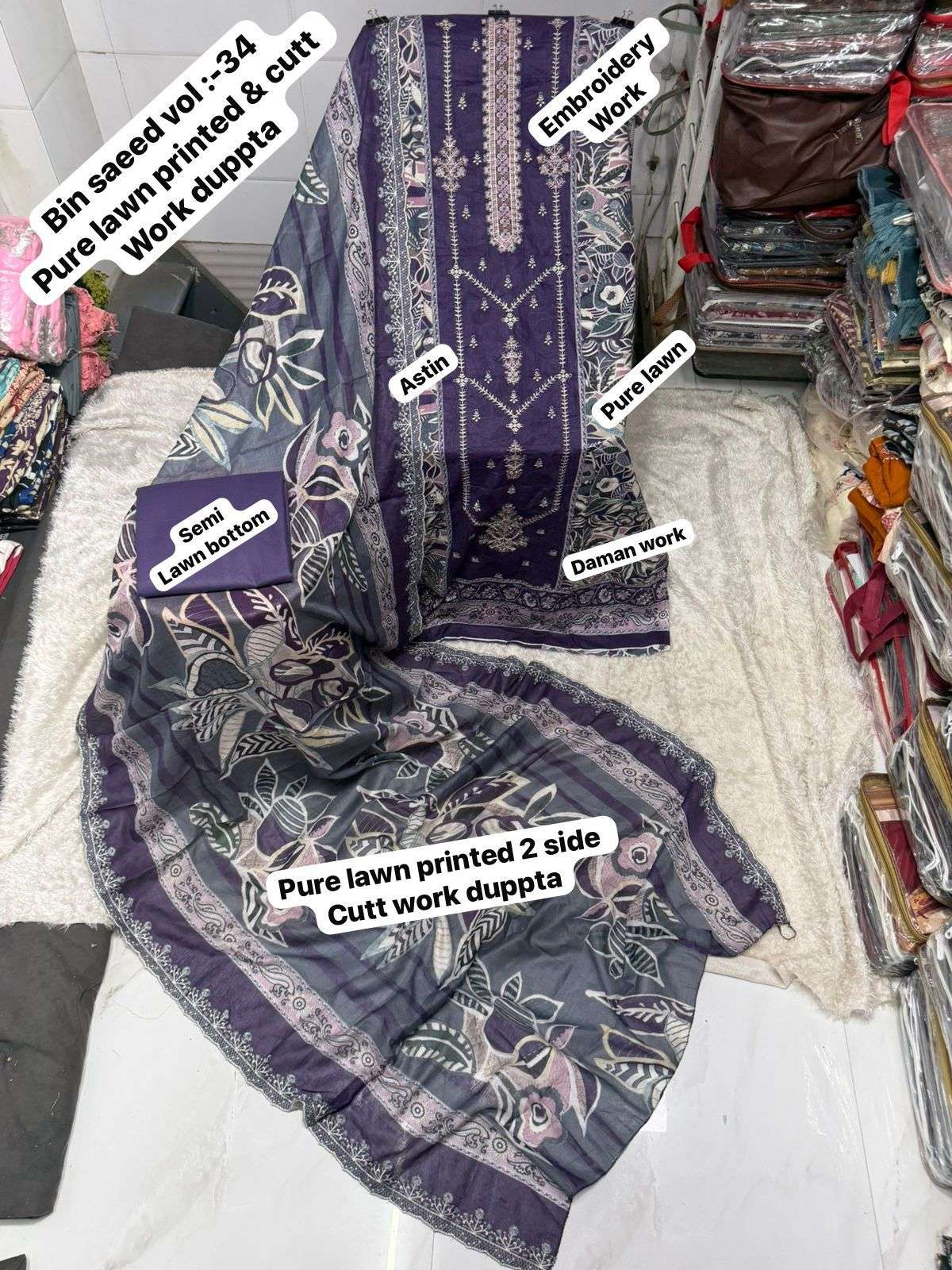 SF BIN SAEED VOL 34 LAWN COTTON FANCY WORK SALWAR KAMEEZ